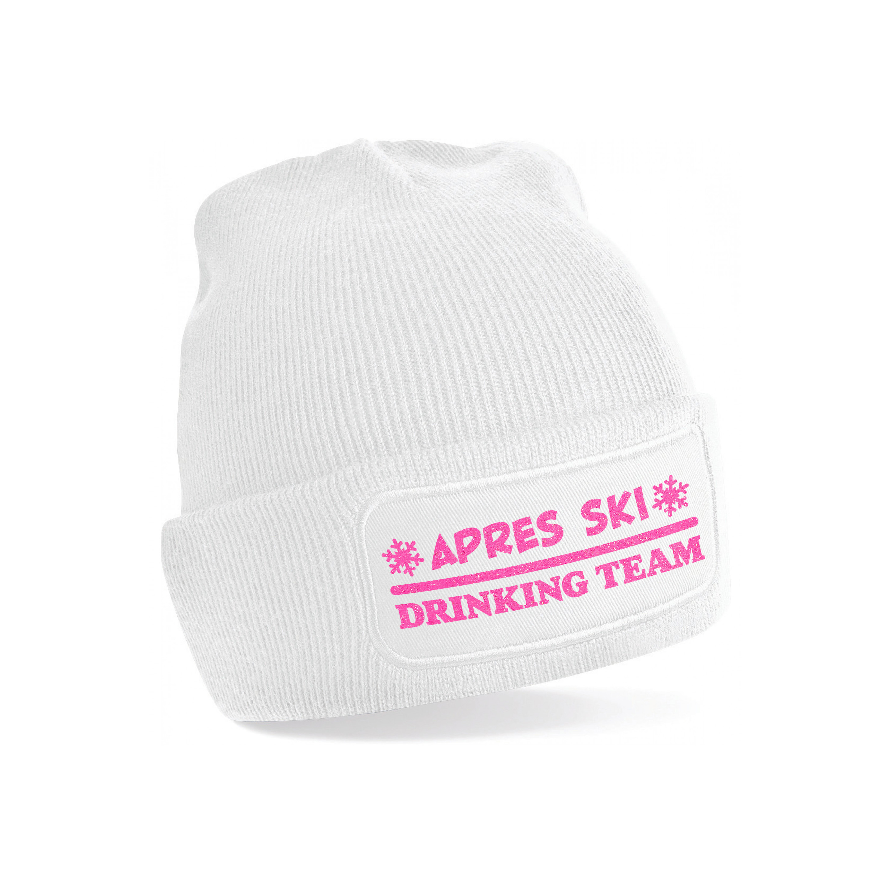 Wintersport muts voor volwassenen - Drinking Team - wit - roze glitter - one size - Apres ski beanie One size -