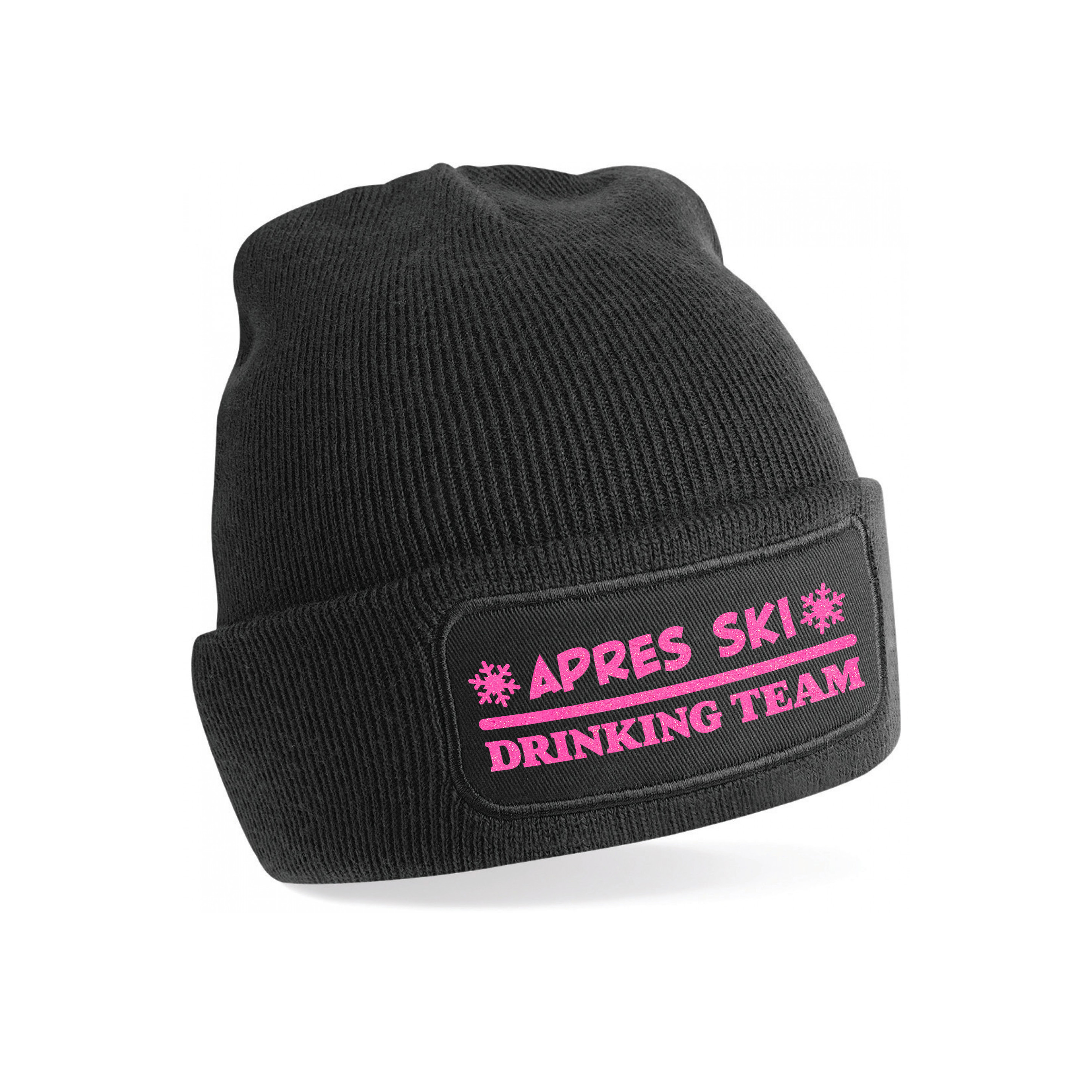 Wintersport muts voor volwassenen - Drinking Team - zwart - roze glitter - one size - Apres ski One size -
