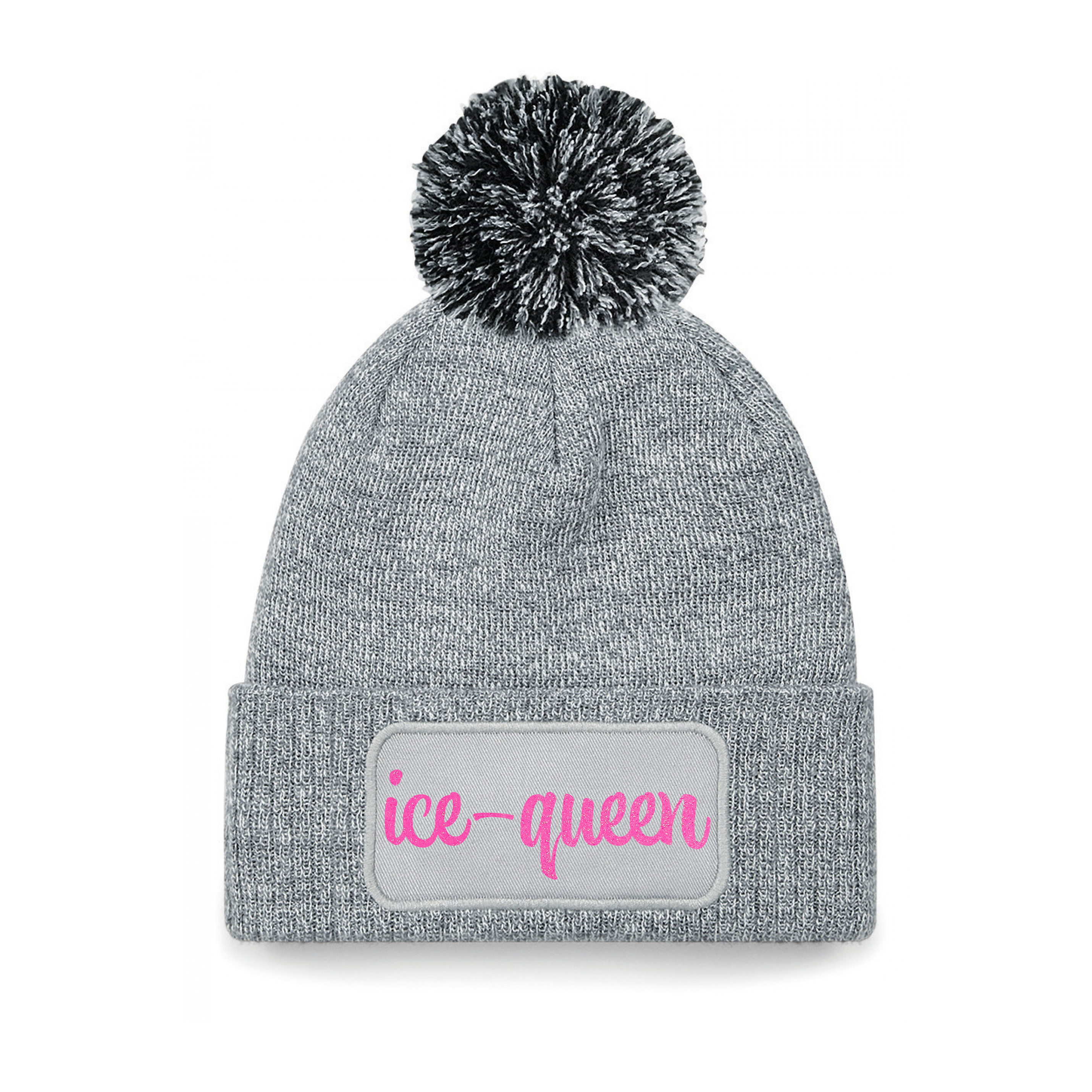 Wintersport muts met pompom - Ice Queen - grijs - roze glitters - one size - volwassenen - Apres ski One size -
