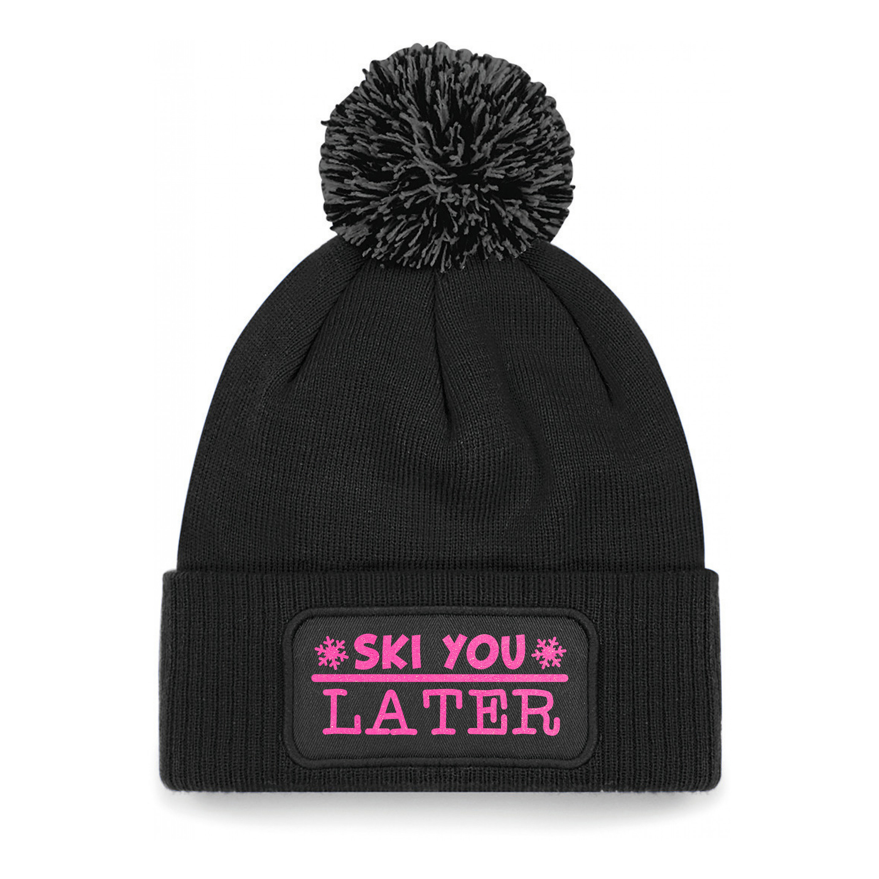 Wintersport muts met pompom - Ski You Later - zwart - glitters - one size - volwassenen - Apres ski One size -