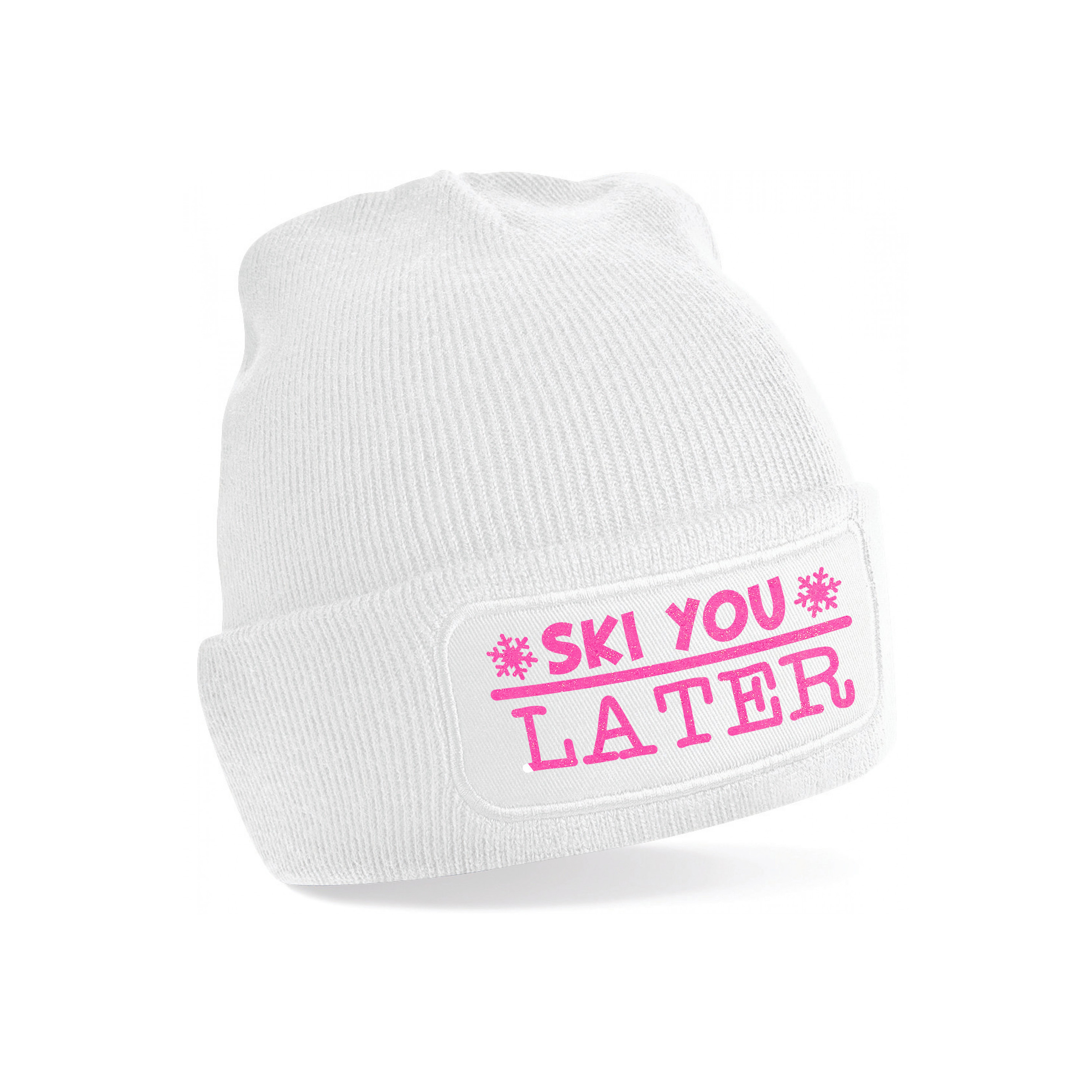 Wintersport muts voor volwassenen - Ski You Later - wit - roze glitter - one size - Apres ski beanie One size -