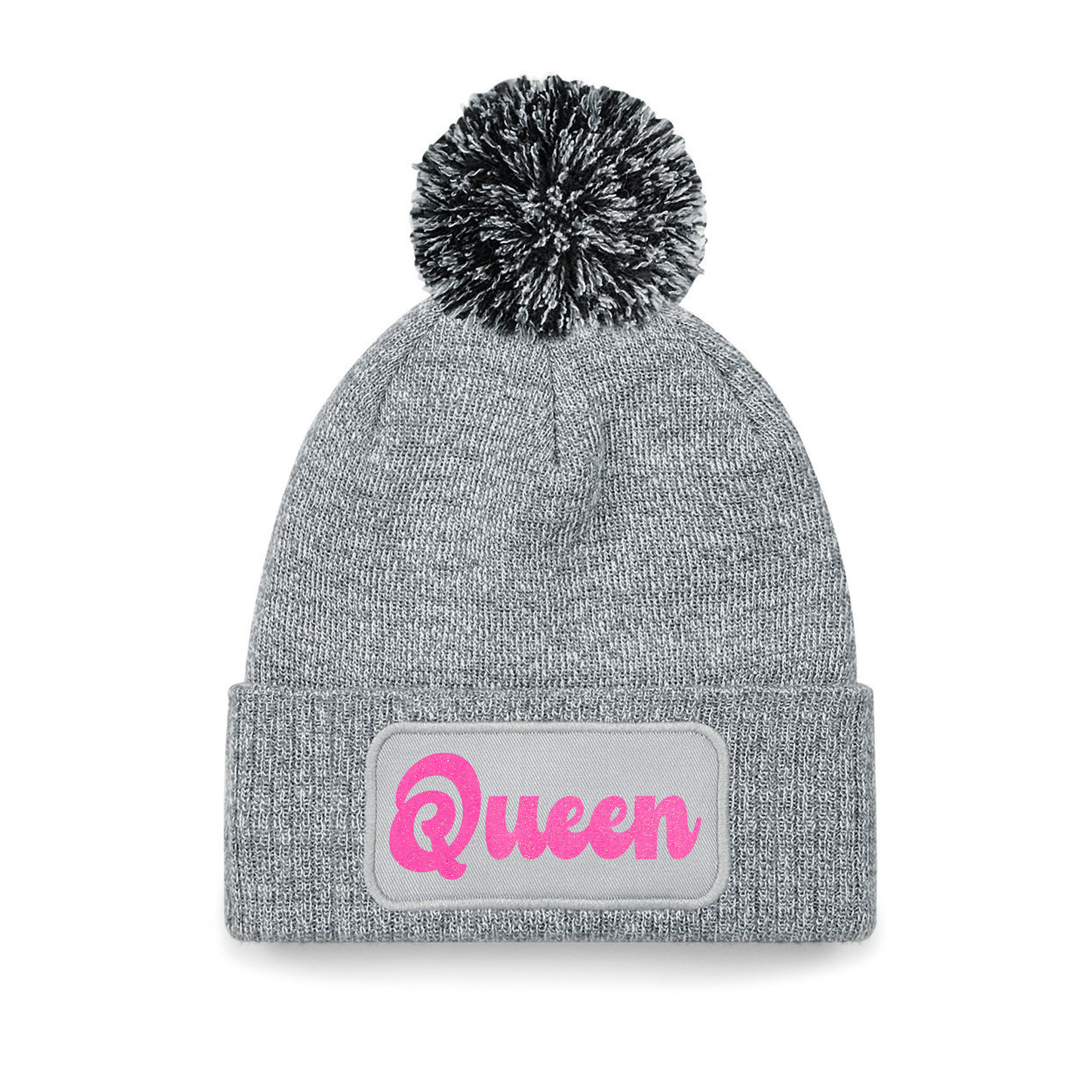 Wintersport muts met pompom - Queen - grijs - roze glitters - one size - volwassenen - Apres ski One size -