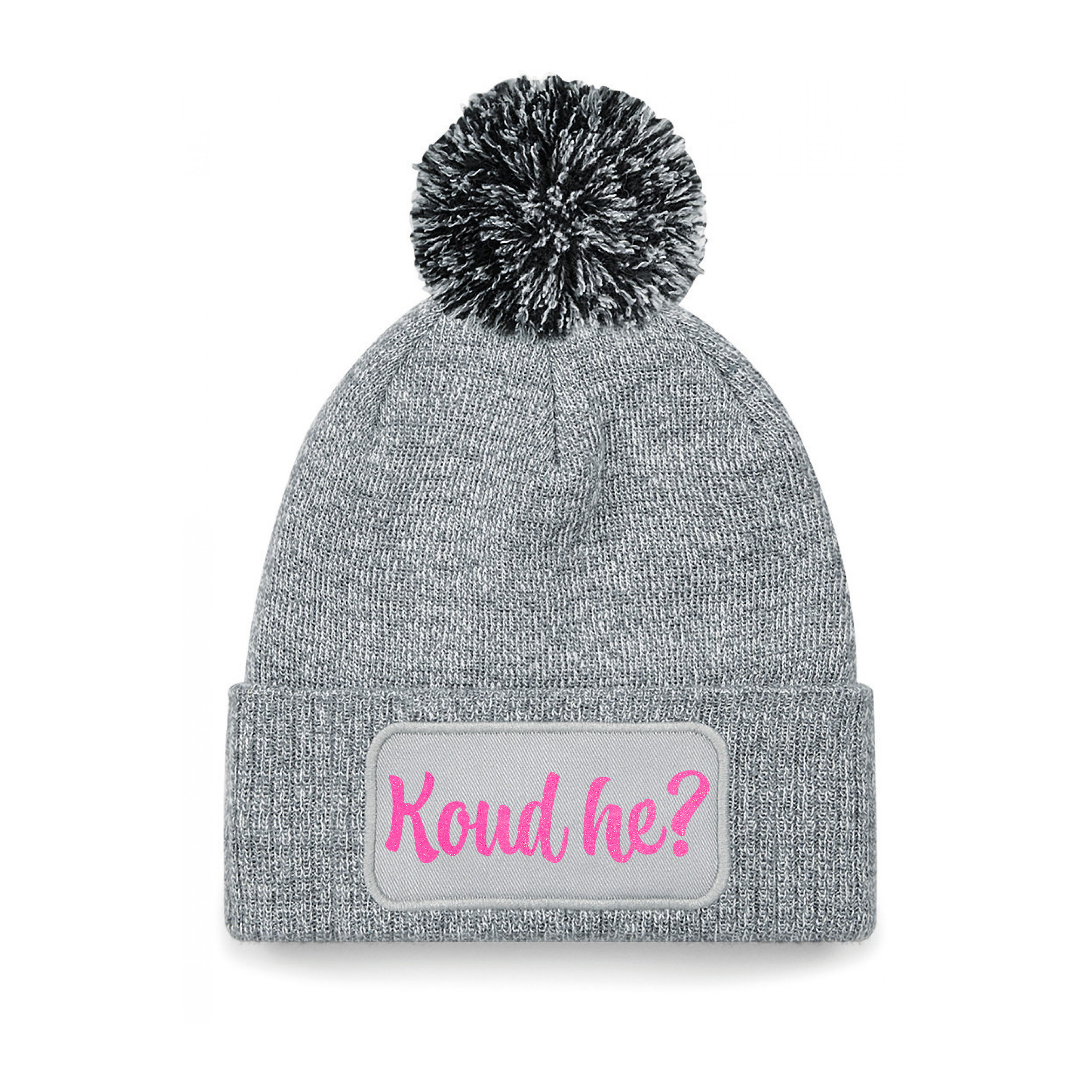 Wintersport muts met pompom - Koud He - grijs - roze glitters - one size - volwassenen - Apres ski One size -