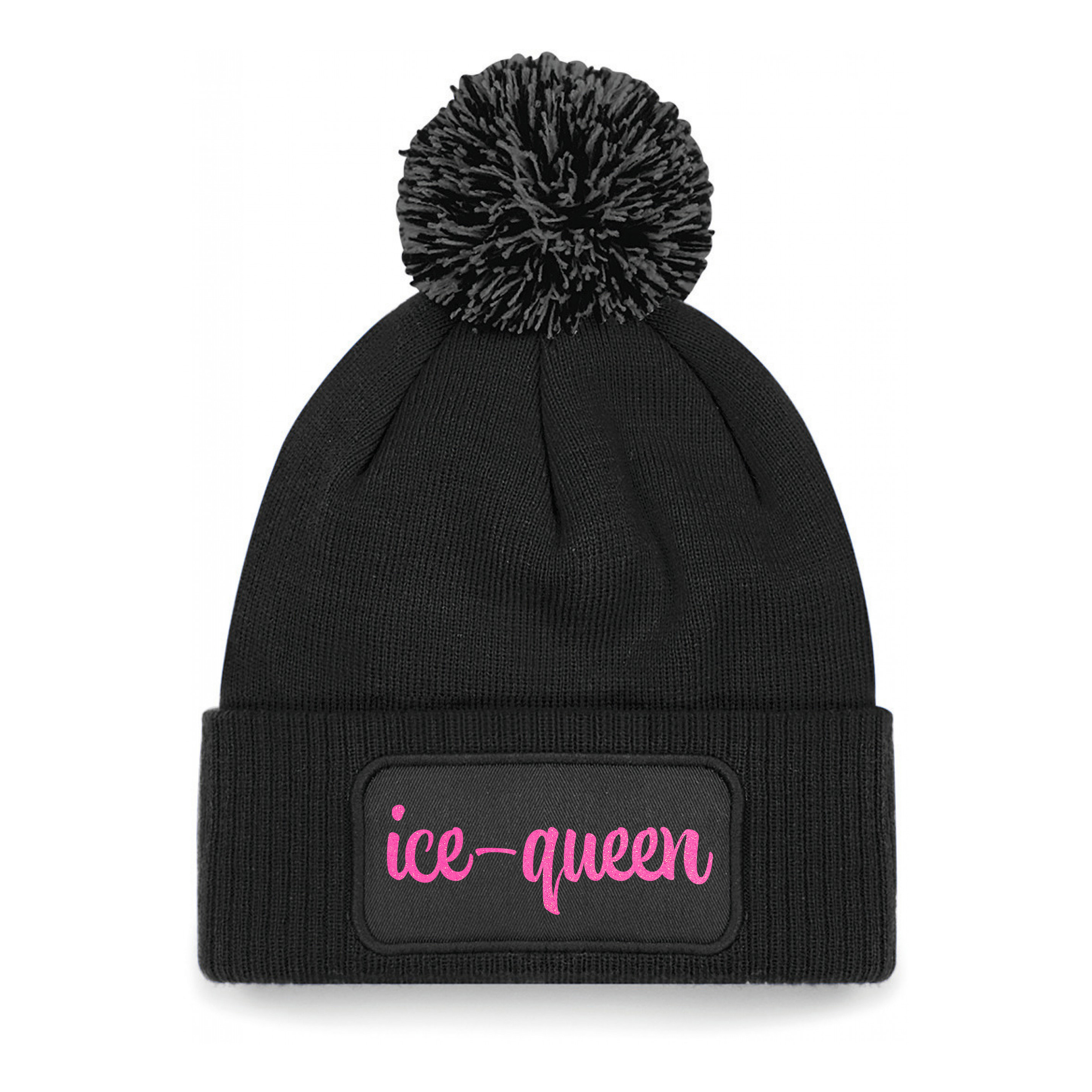 Wintersport muts met pompom - Ice Queen - zwart - roze glitters - one size - volwassenen - Apres ski One size -