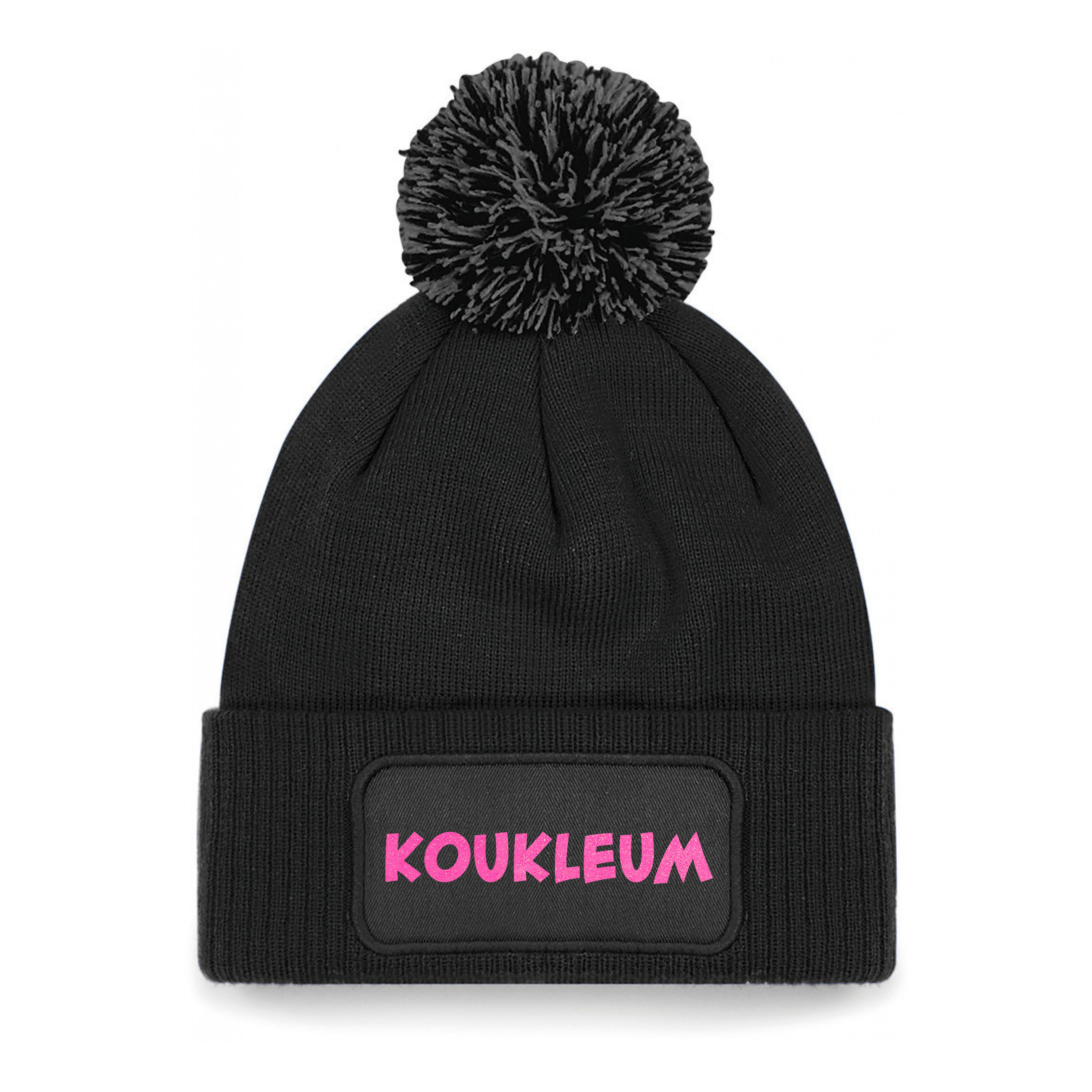 Wintersport muts met pompom - Koukleum - zwart - roze glitters - one size - volwassenen - Apres ski One size -