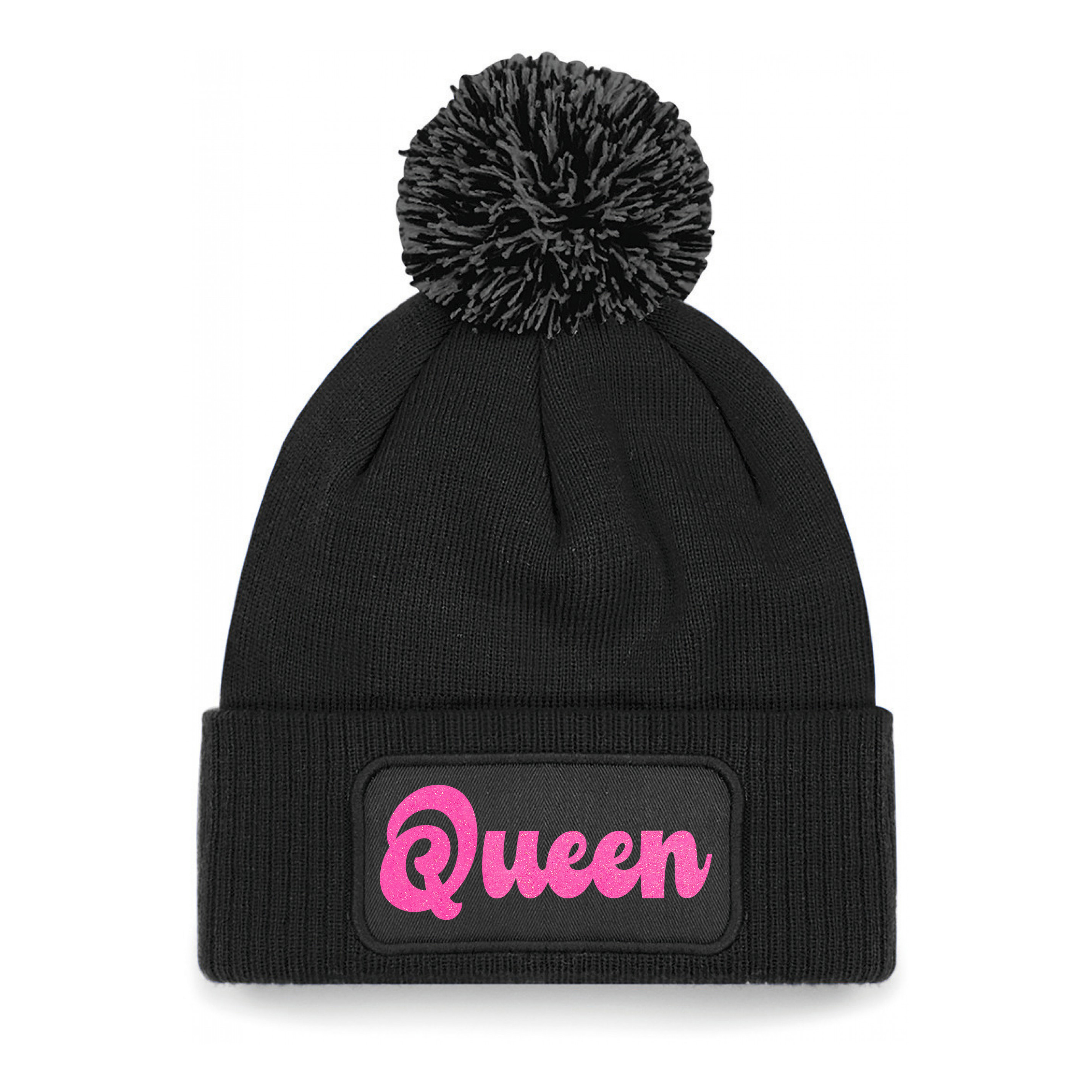 Wintersport muts met pompom - Queen - zwart - roze glitters - one size - volwassenen - Apres ski One size -