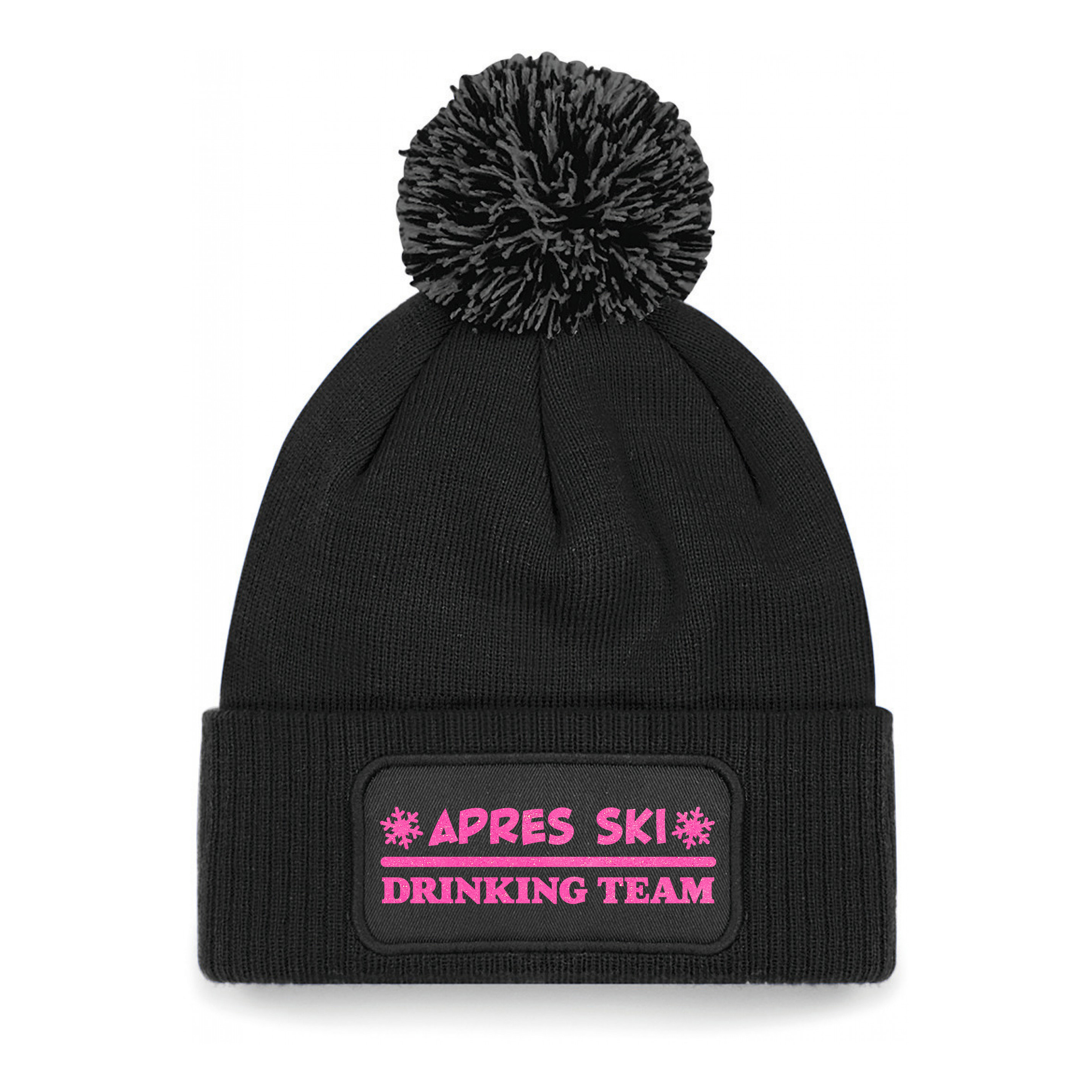 Wintersport muts met pompom - Drinking Team - zwart - glitters - one size - volwassenen - Apres ski One size -