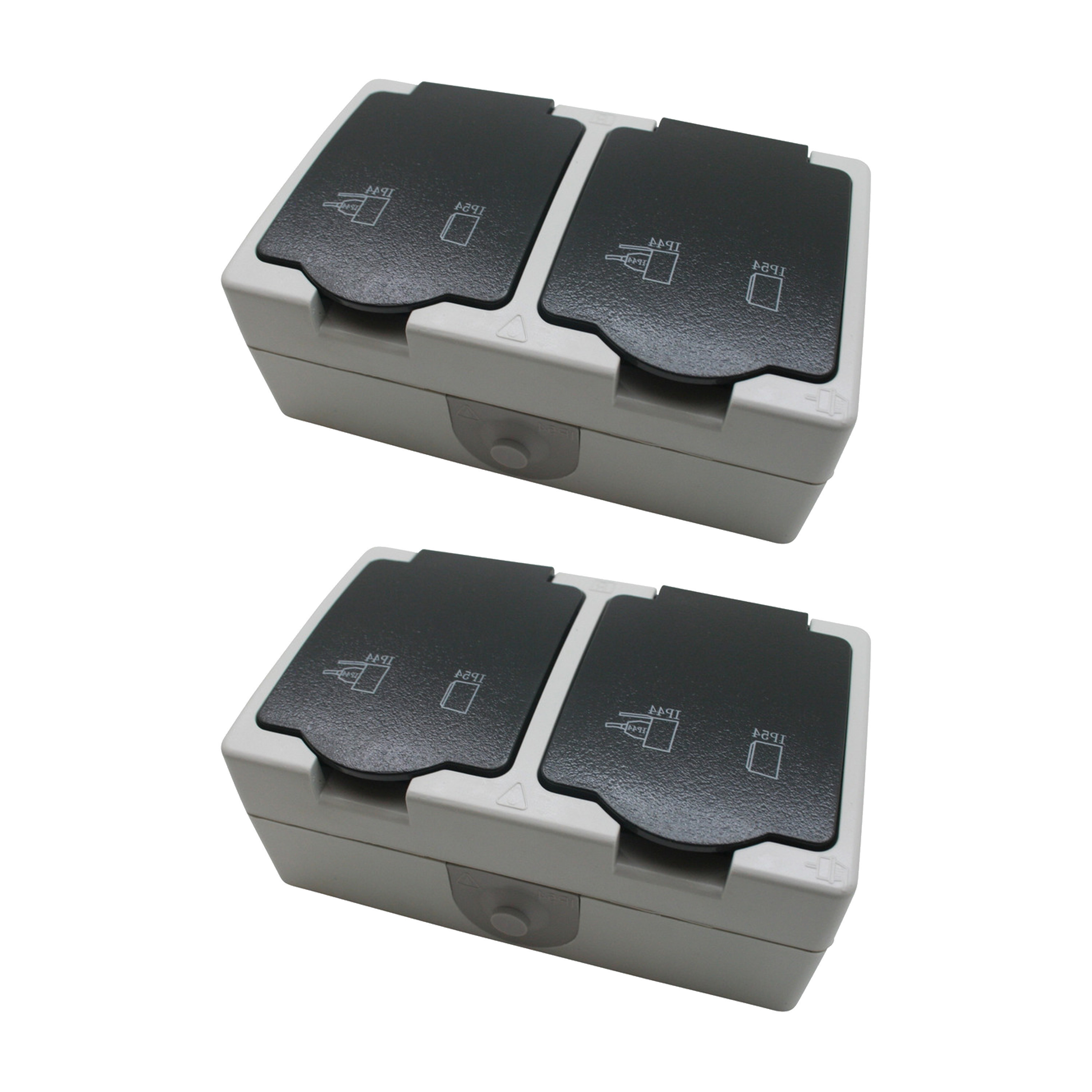 Wandstopcontact dubbel voor buiten - 2x - met randaarde en klep - plastic - grijs -
