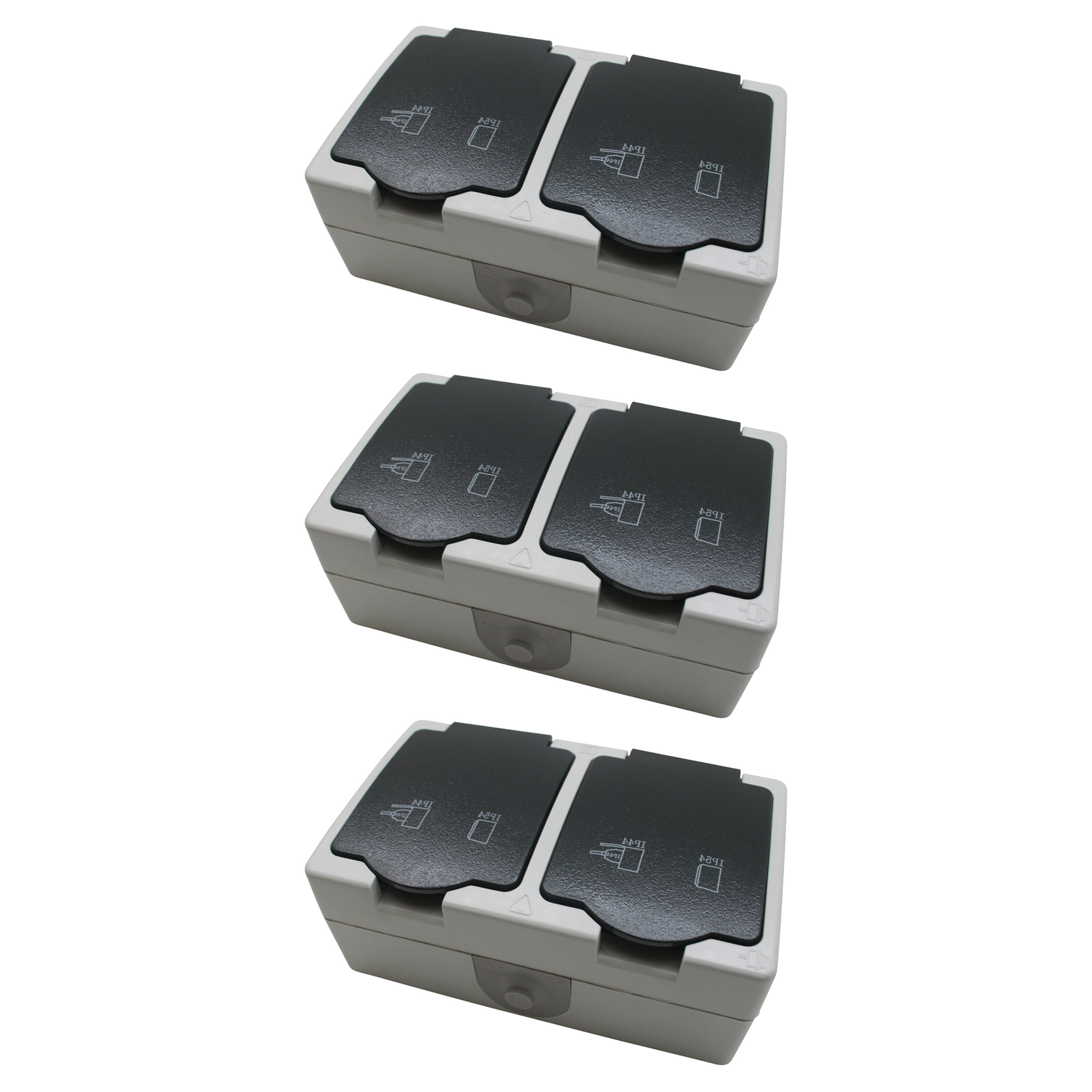 Wandstopcontact dubbel voor buiten - 3x - met randaarde en klep - plastic - grijs -