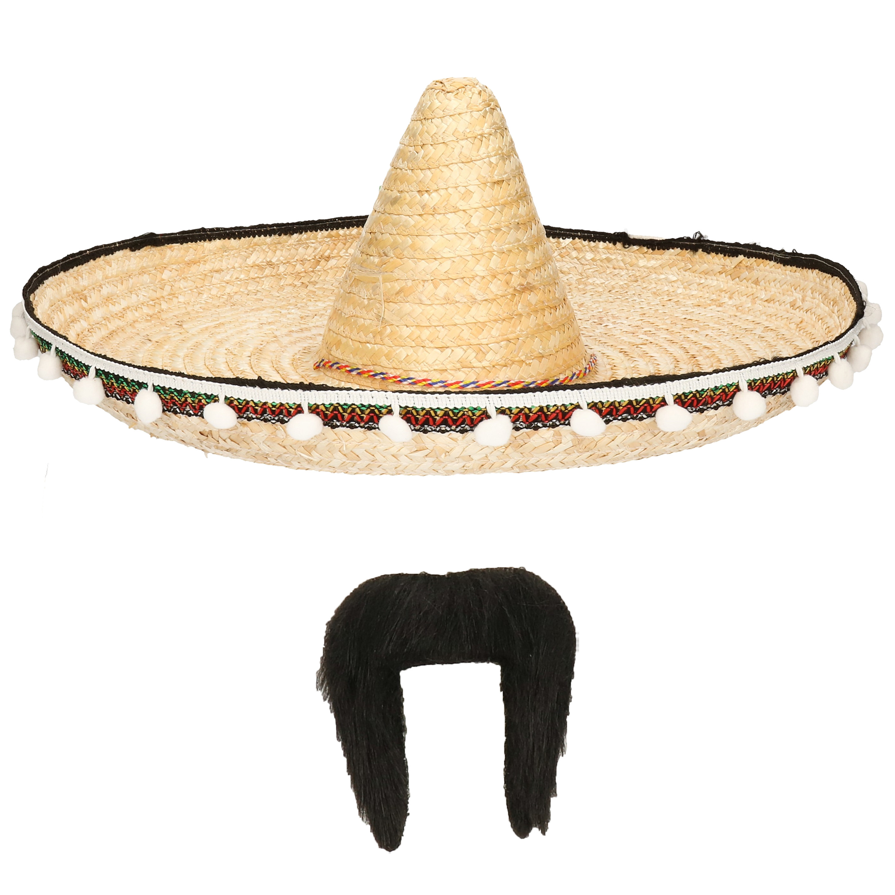 Carnaval verkleed set - Mexicaanse sombrero hoed met plaksnor - naturel - heren -