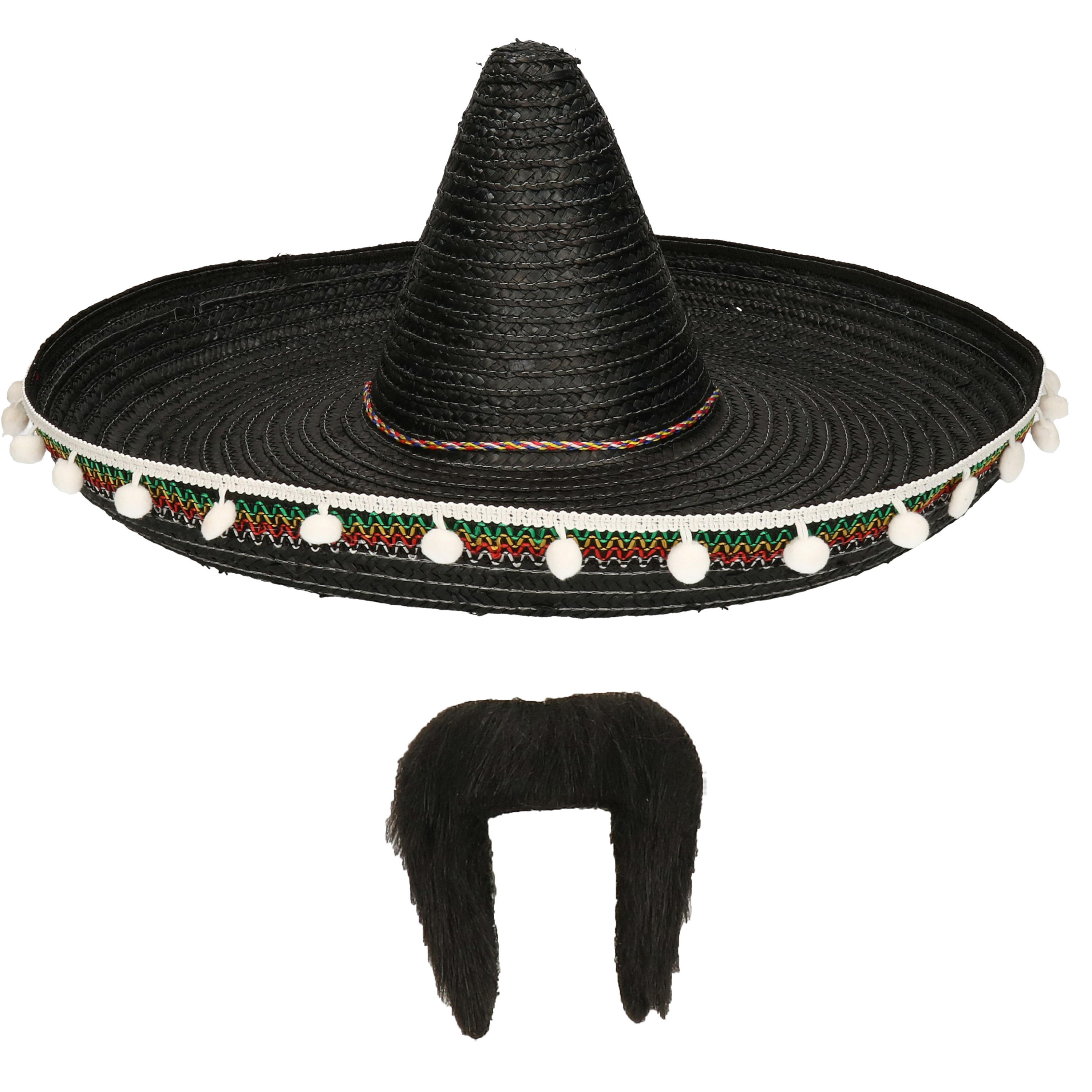 Carnaval verkleed set - Mexicaanse sombrero hoed met plaksnor - zwart - heren -