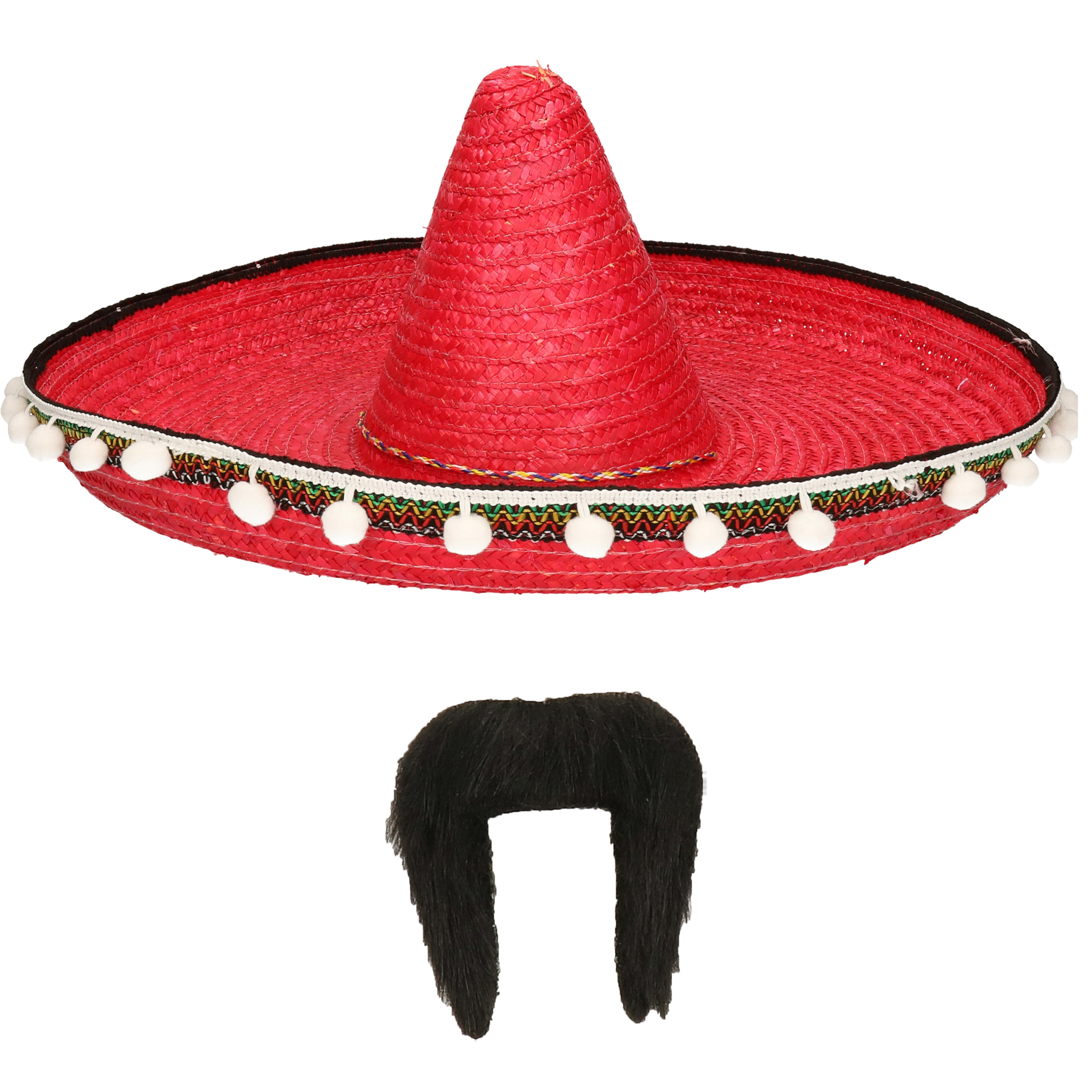 Carnaval verkleed set - Mexicaanse sombrero hoed met plaksnor - rood - heren -