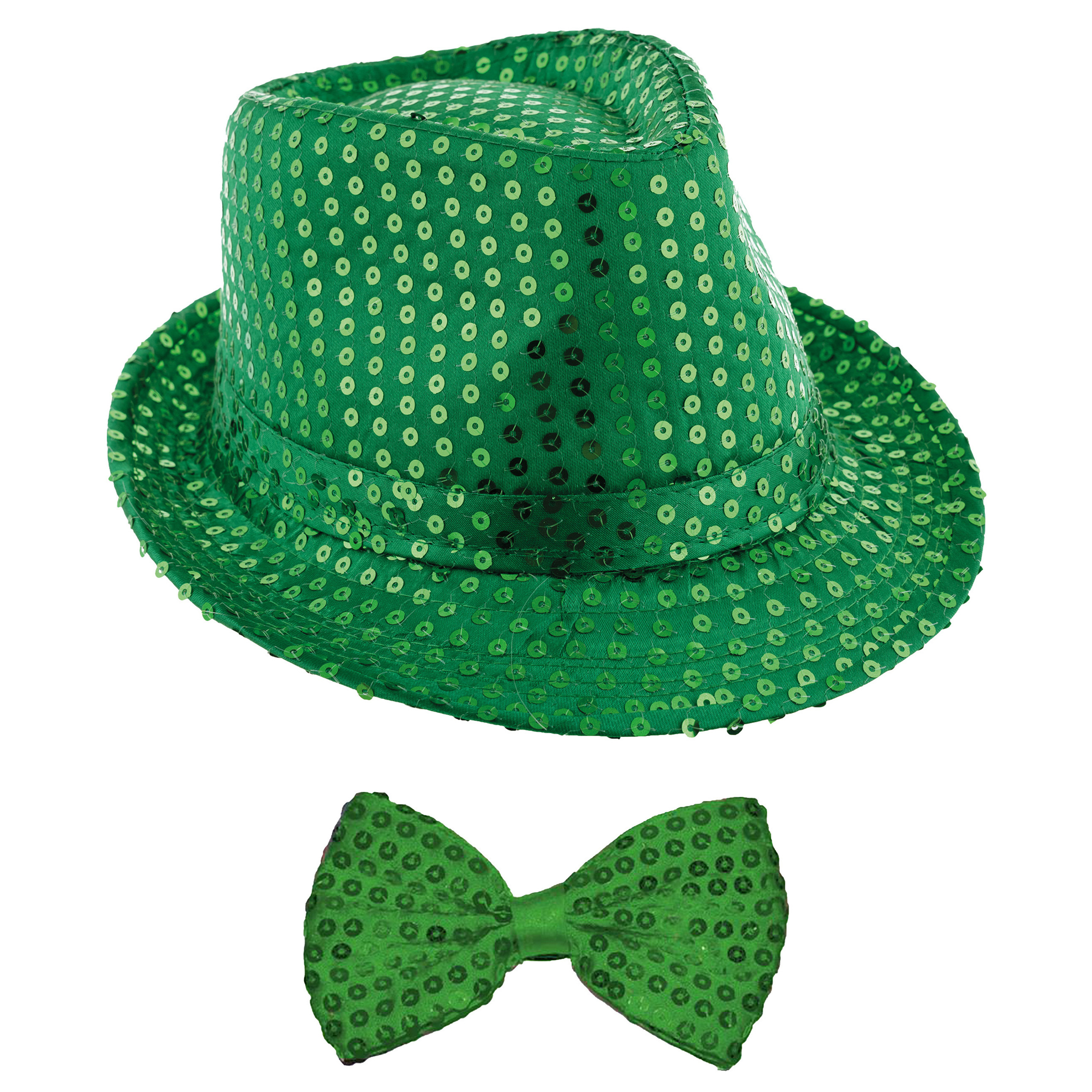 Carnaval verkleed setje - glitter hoedje en vlinderstrikje - groen - volwassenen - met pailletten -