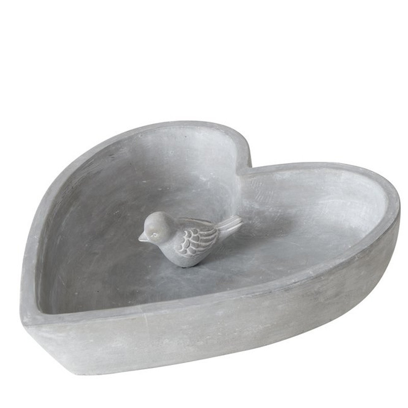Vogelbad/voederschaal - hart - grijs - beton - 24 x 5 cm - drinkschaal voor tuinvogels -