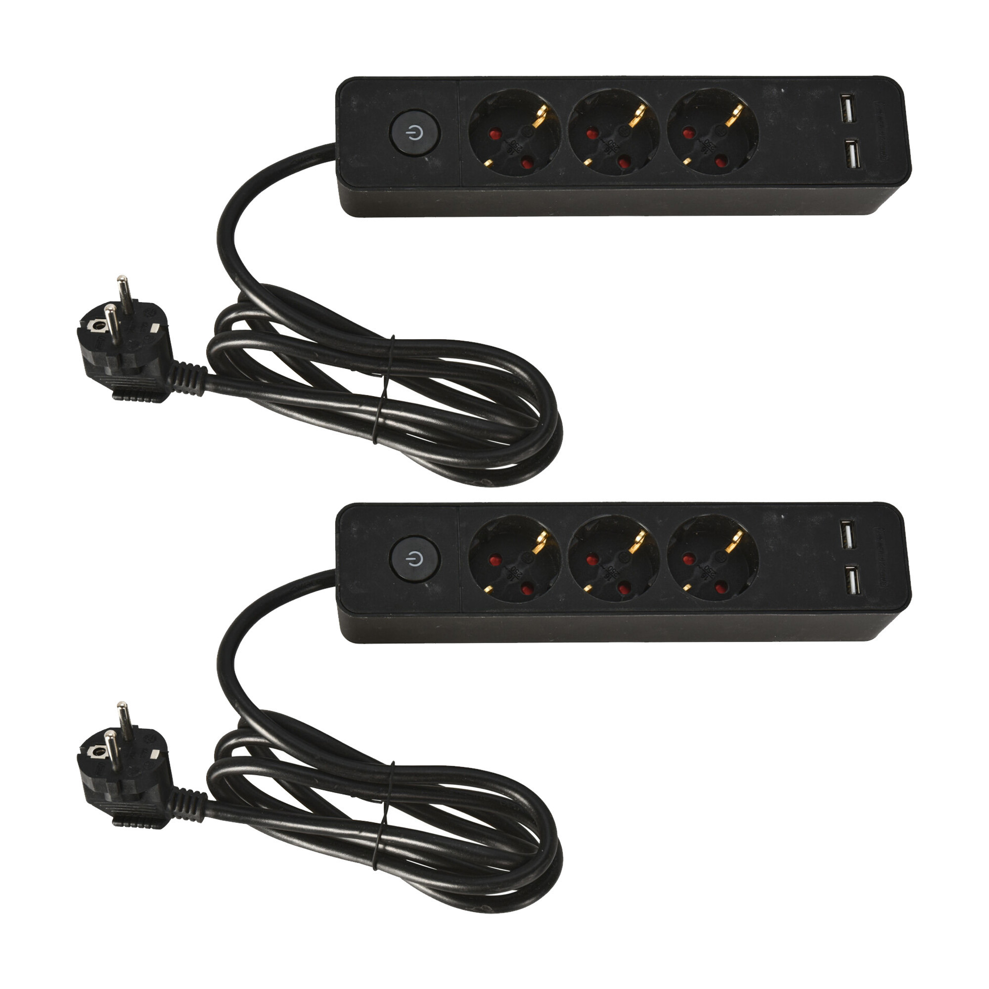 Stekkerdoos 3-voudig en 2x USB - met randaarde en schakelaar - zwart - snoer van 140 cm -