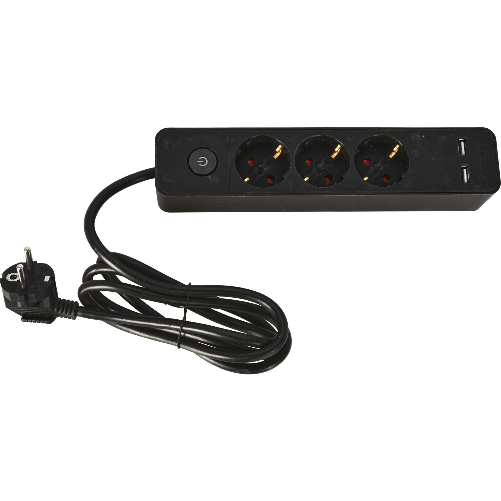 Stekkerdoos 3-voudig en 2x USB - met randaarde en schakelaar - zwart - snoer van 140 cm -
