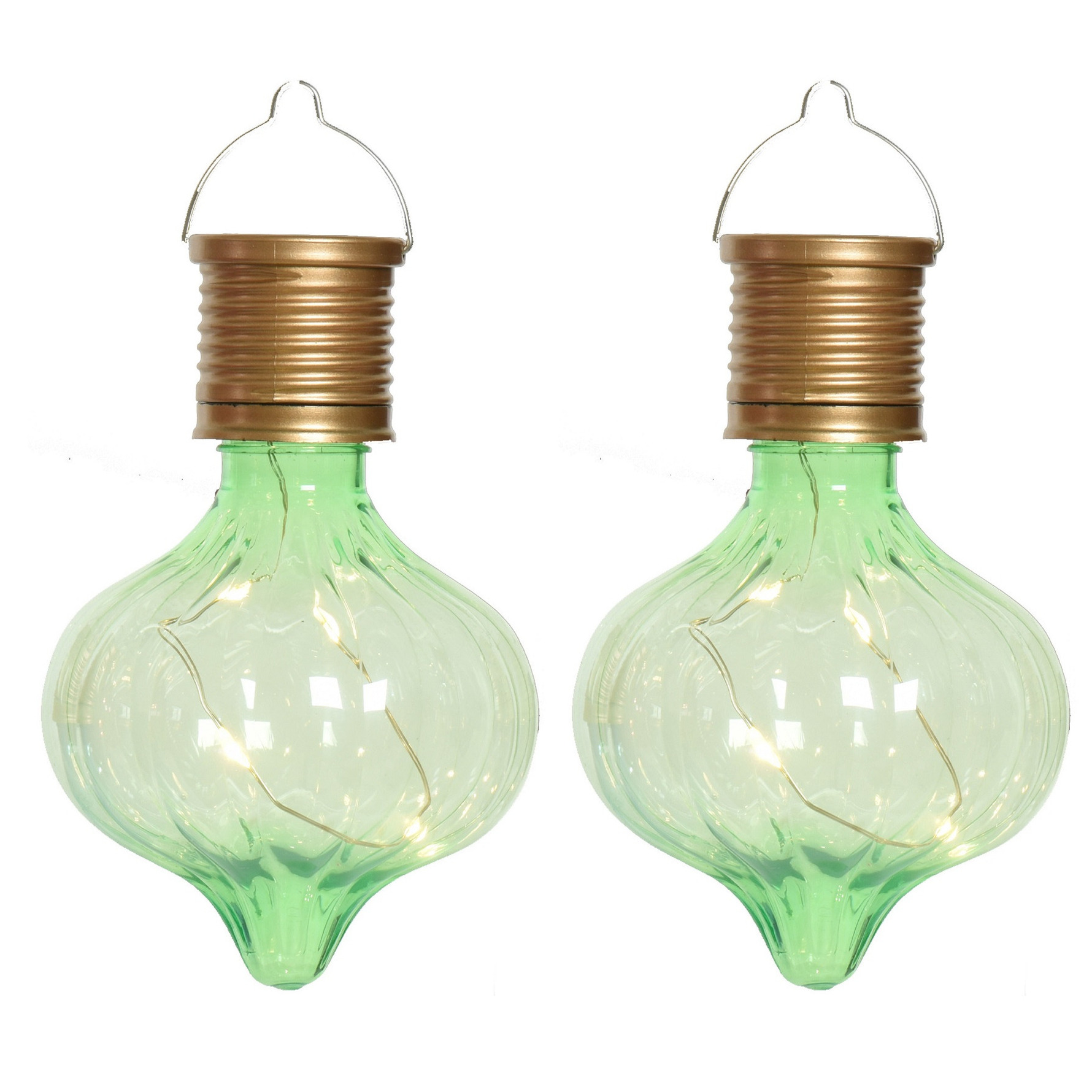 Solar hanglamp bol/peertje - 2x - Marrakech - pistachegroen - kunststof - D8 x H12 cm -