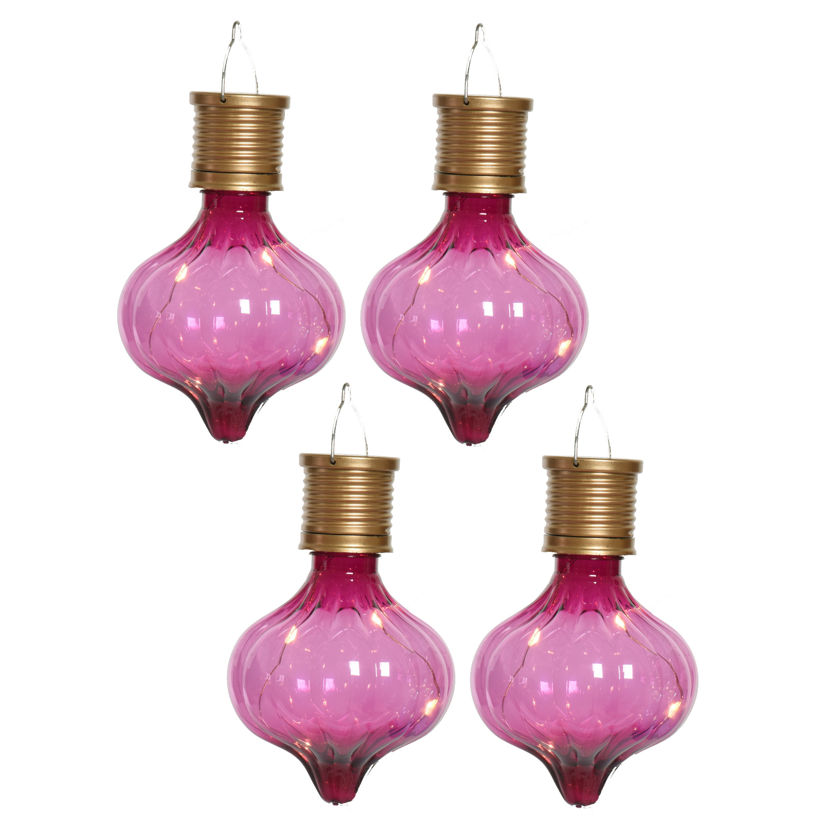 Solar hanglamp bol/peertje - 4x - Marrakech - fuchsia roze - kunststof - D8 x H12 cm -