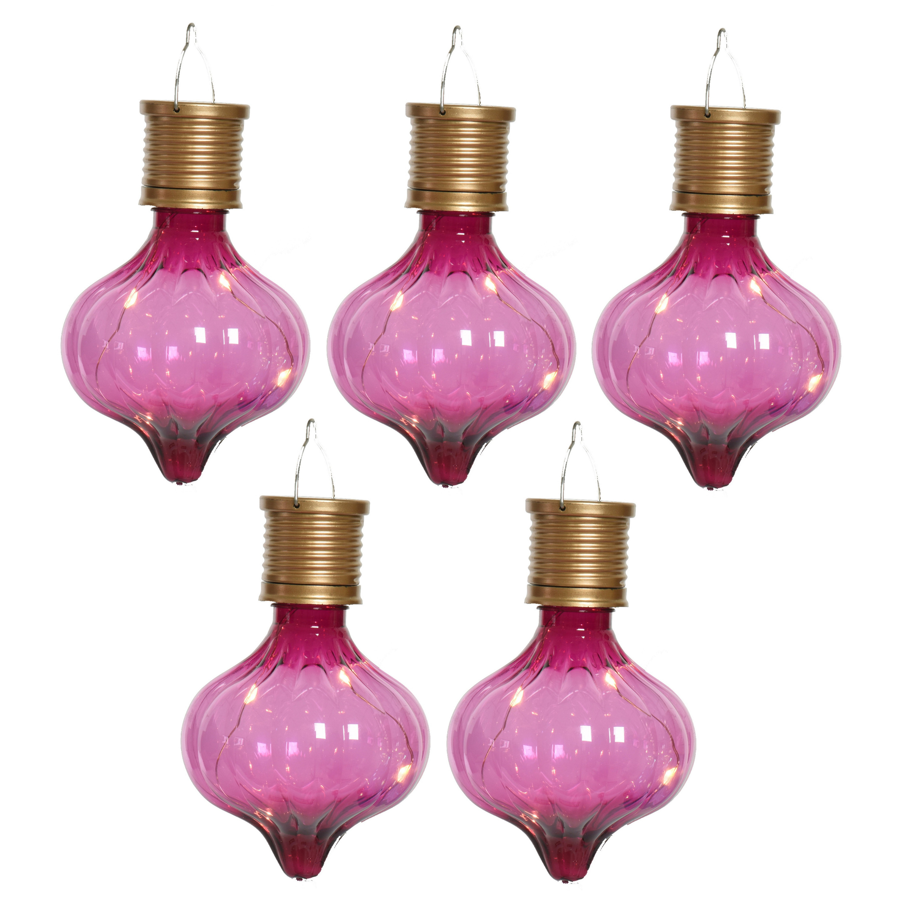 Solar hanglamp bol/peertje - 5x - Marrakech - fuchsia roze - kunststof - D8 x H12 cm -