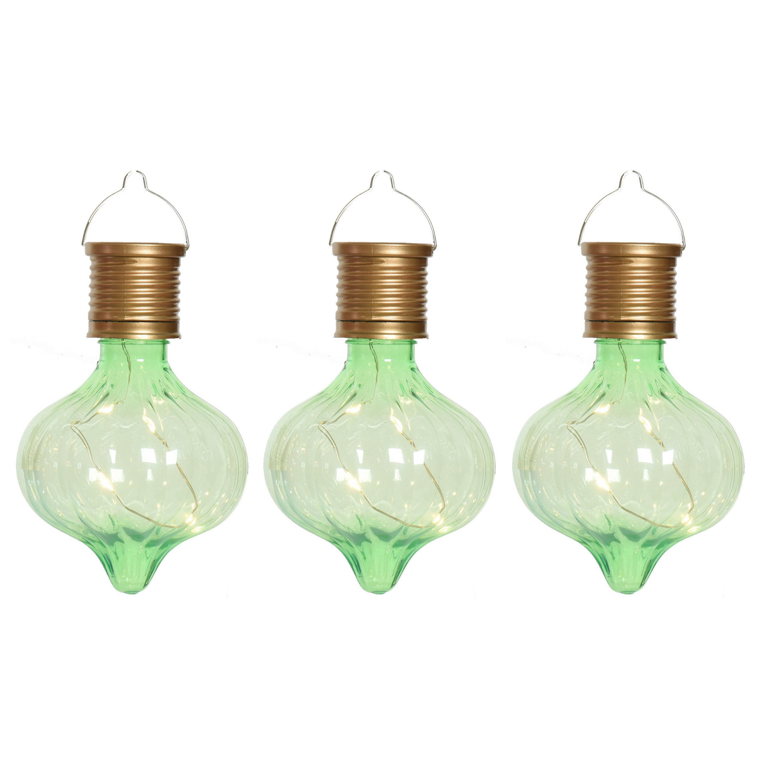 Solar hanglamp bol/peertje - 3x - Marrakech - pistachegroen - kunststof - D8 x H12 cm -