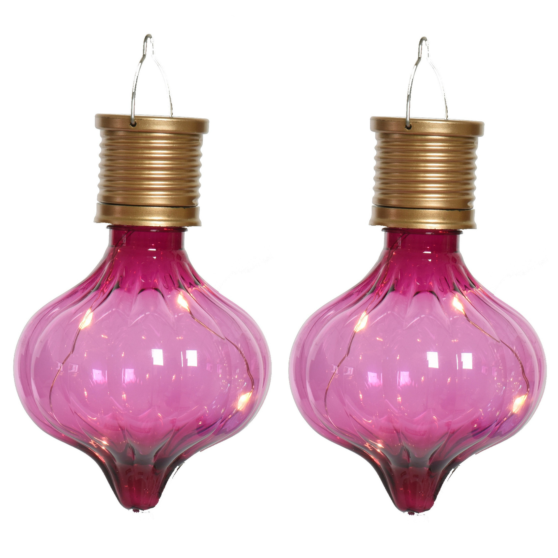 Solar hanglamp bol/peertje - 2x - Marrakech - fuchsia roze - kunststof - D8 x H12 cm -