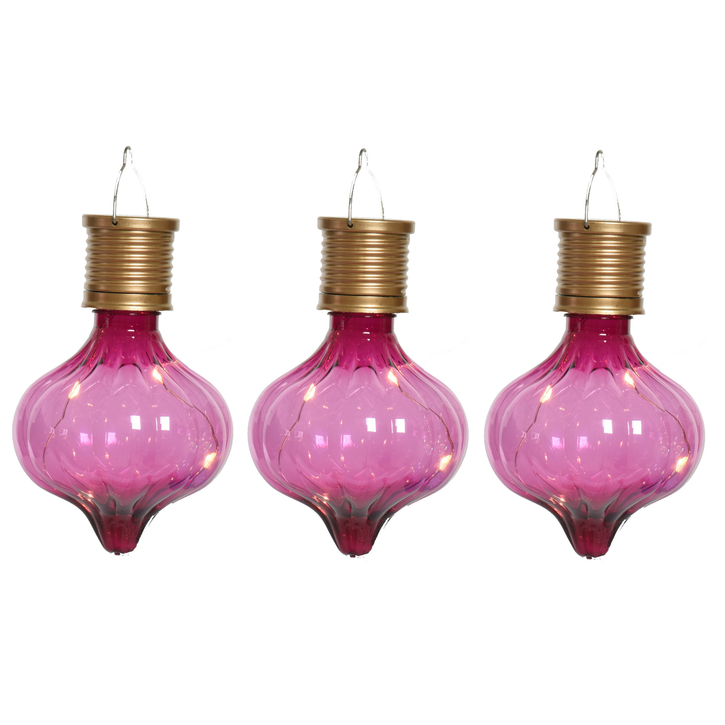 Solar hanglamp bol/peertje - 3x - Marrakech - fuchsia roze - kunststof - D8 x H12 cm -