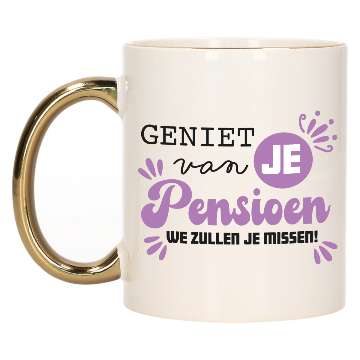Cadeau mok voor collega - afscheid/pensioen - paars met gouden oor - keramiek - 300 ml -