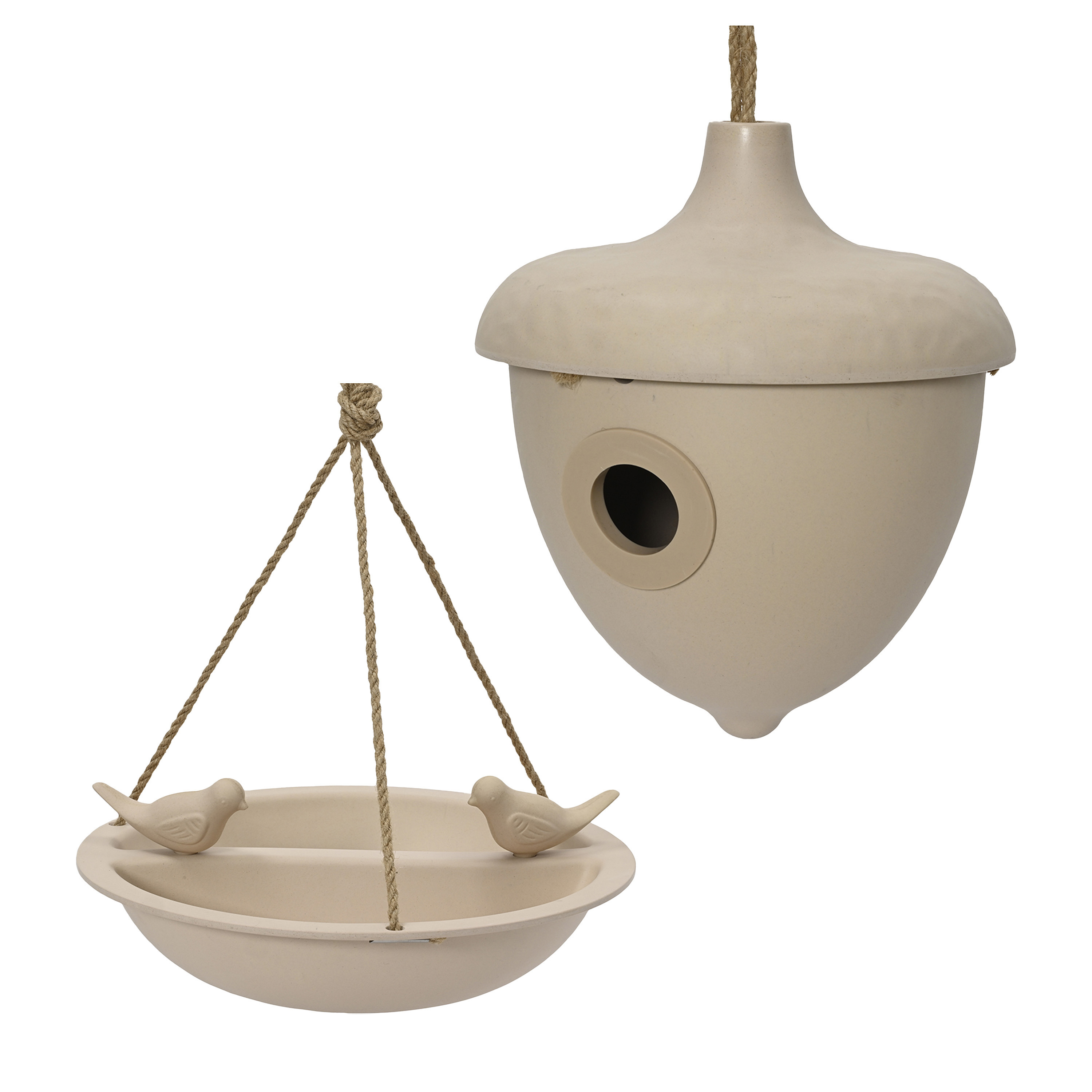 Vogelhuisje en voederschaal/vogelbadje - beige - bamboe - nestkastje -