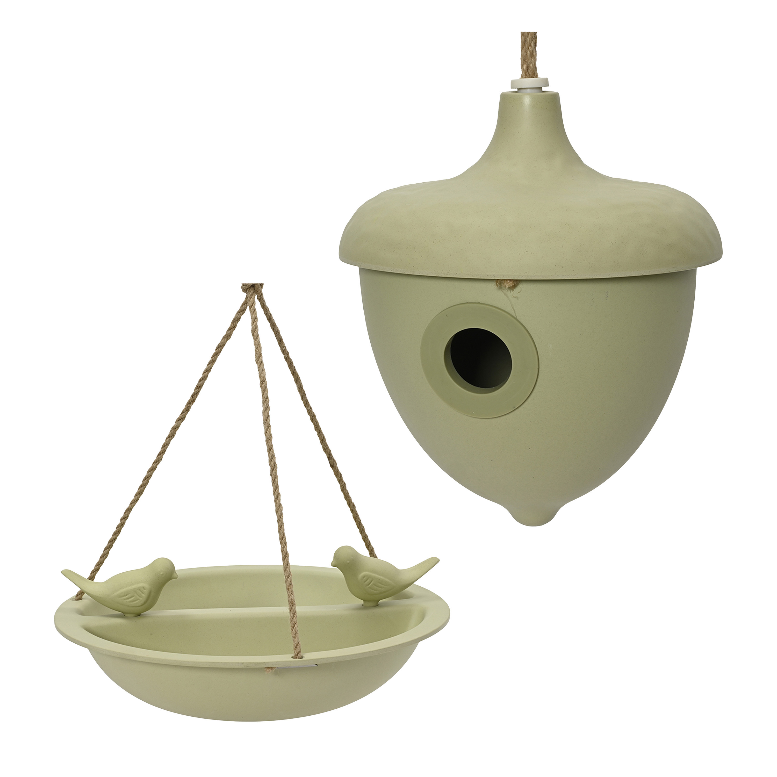 Vogelhuisje en voederschaal/vogelbadje - lichtgroen - bamboe - nestkastje -