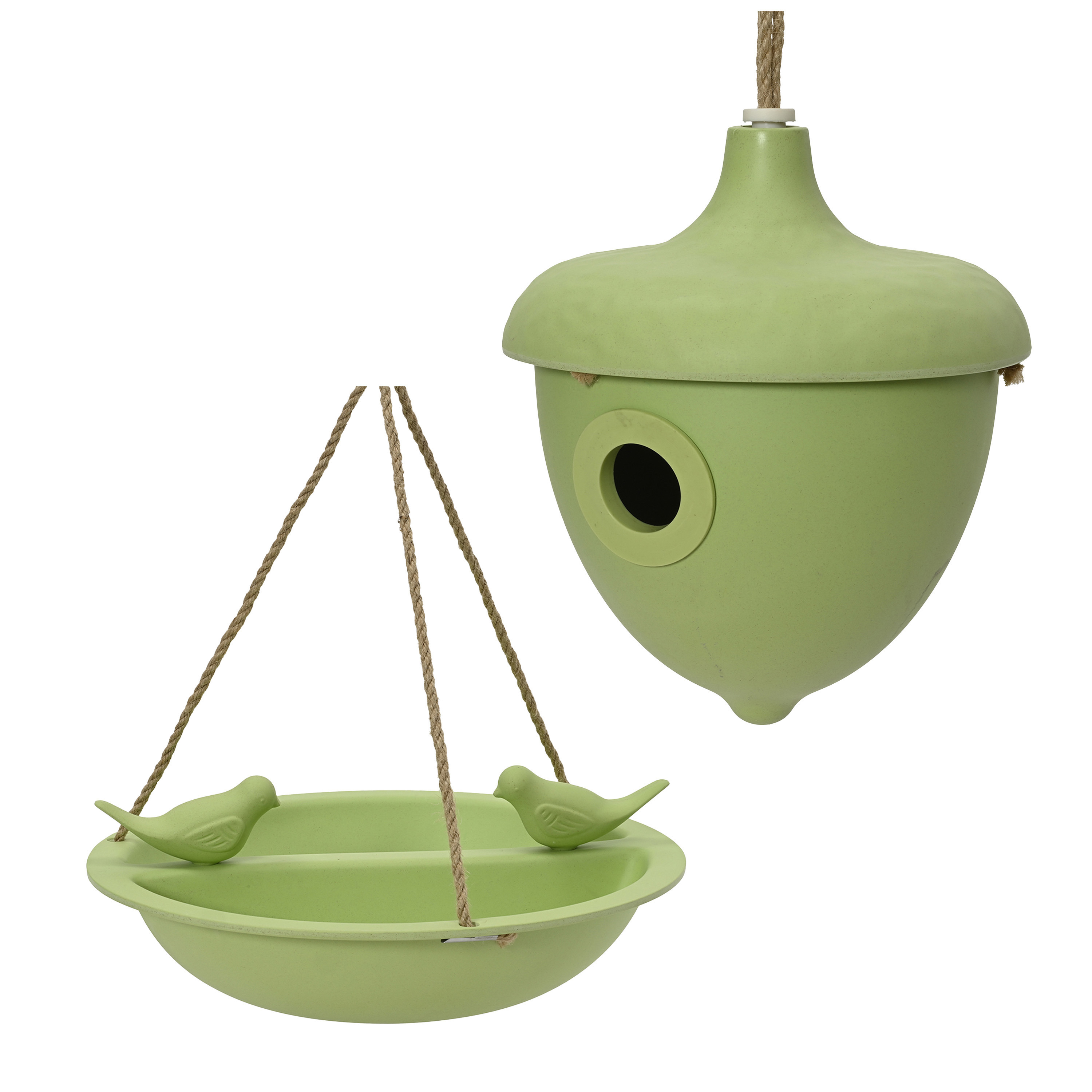 Vogelhuisje en voederschaal/vogelbadje - groen - bamboe - nestkastje -