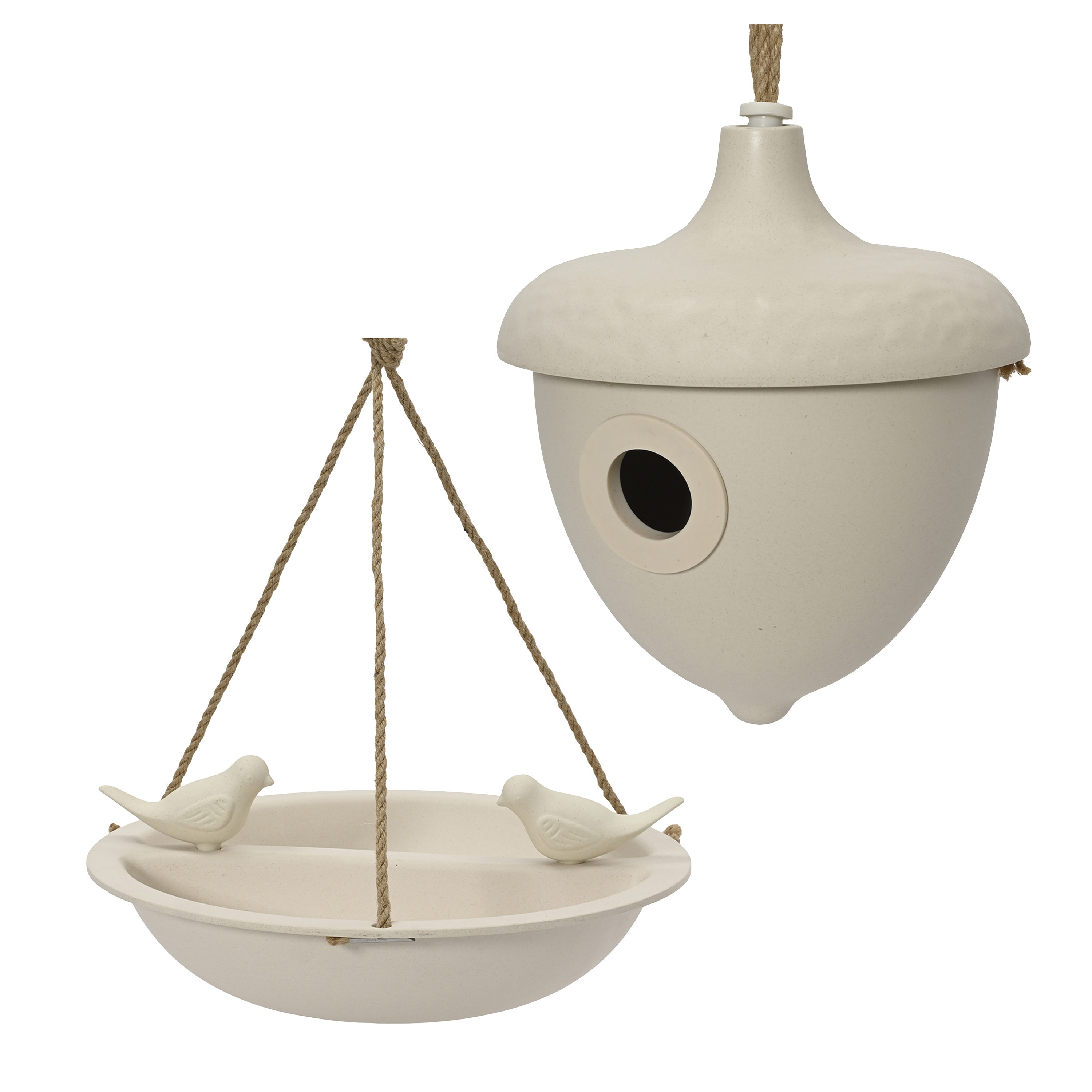 Vogelhuisje en voederschaal/vogelbadje - wit - bamboe - nestkastje -