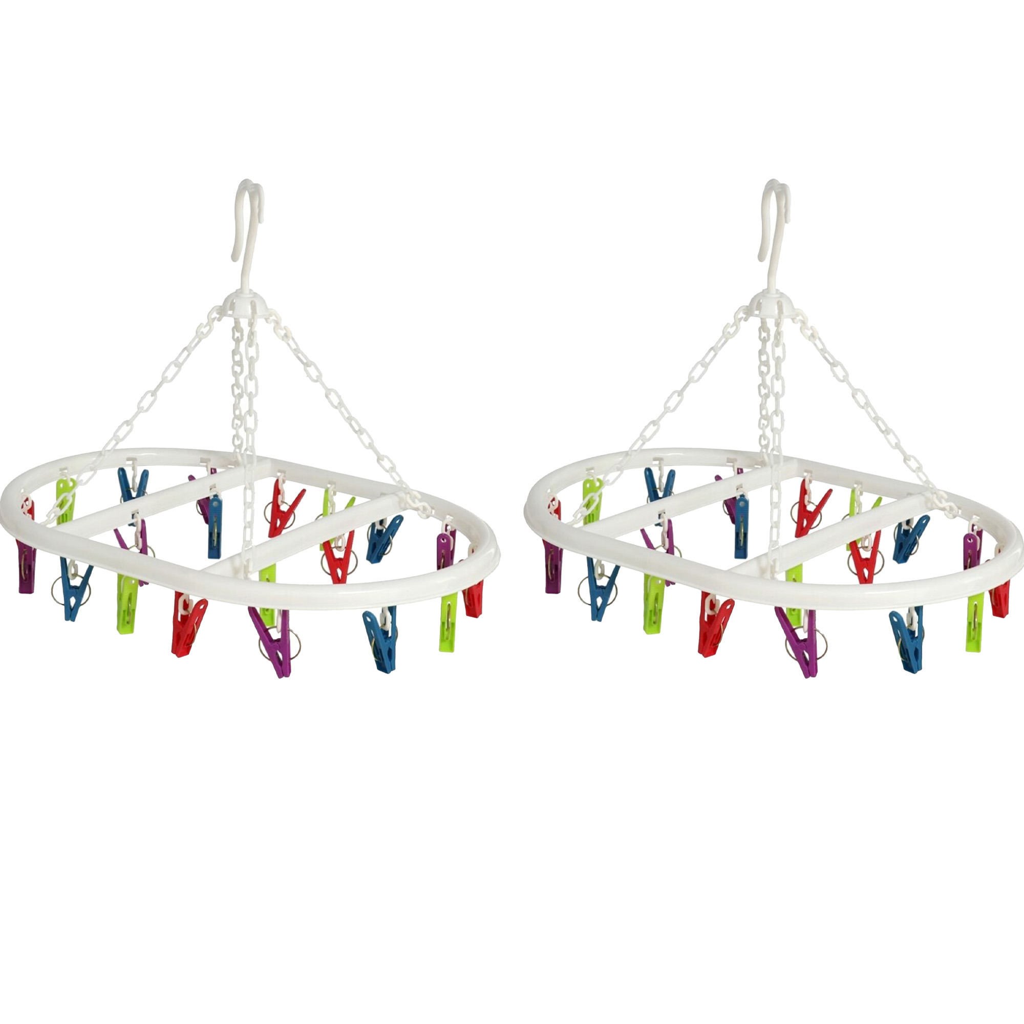 Wasgoed droogcarrousel/droogmolen - 2x - 20 clips/knijpers - multi kleuren - kunststof - 29 x 42 cm -