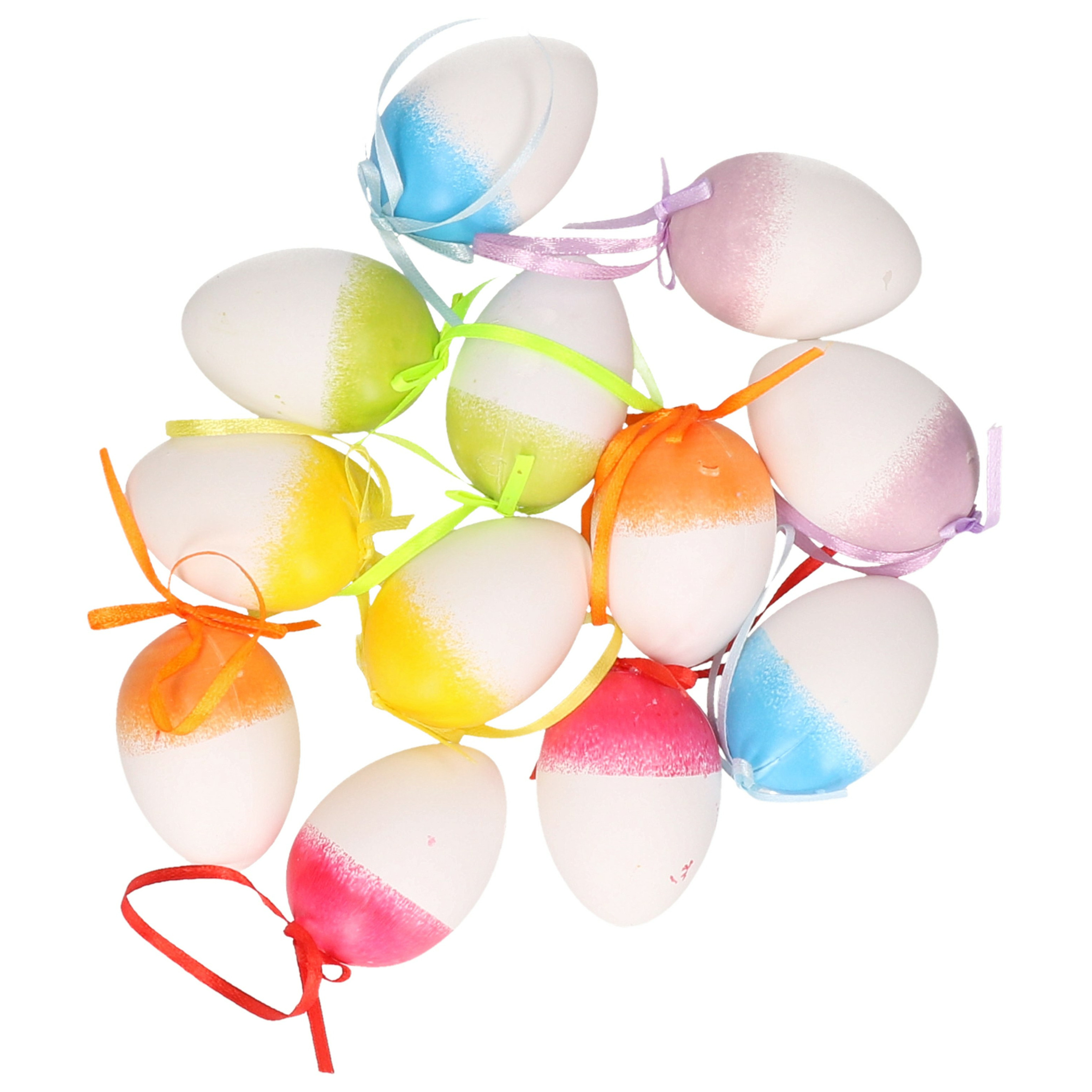 Decoratie paaseieren - 12x - kunststof - ombre - 6cm hoog - paasdecoratie met ophanglint -