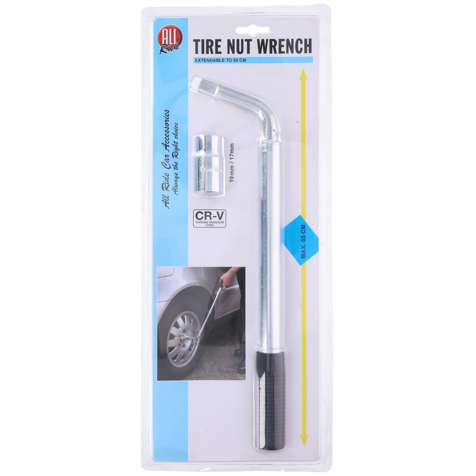 Auto wielmoersleutel telescopisch/uitschuifbaar - van 40 tot 51 cm - metaal - met doppen 17-19 mm -