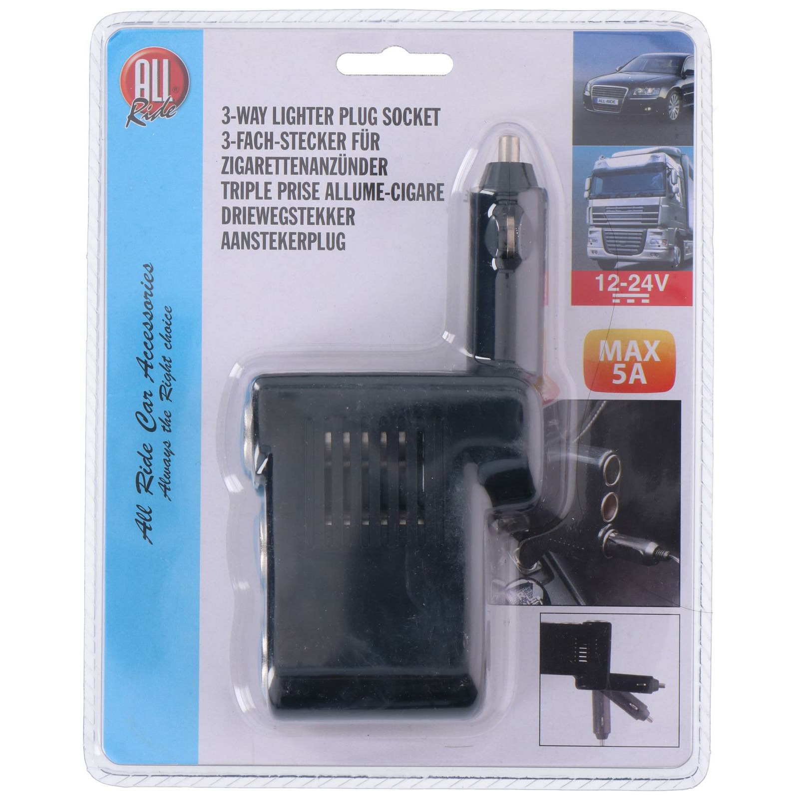 Auto 3-weg verdeelstekker - aansteker ingang aansluiting - zwart - 12/24V - van 1 naar 3 sockets -