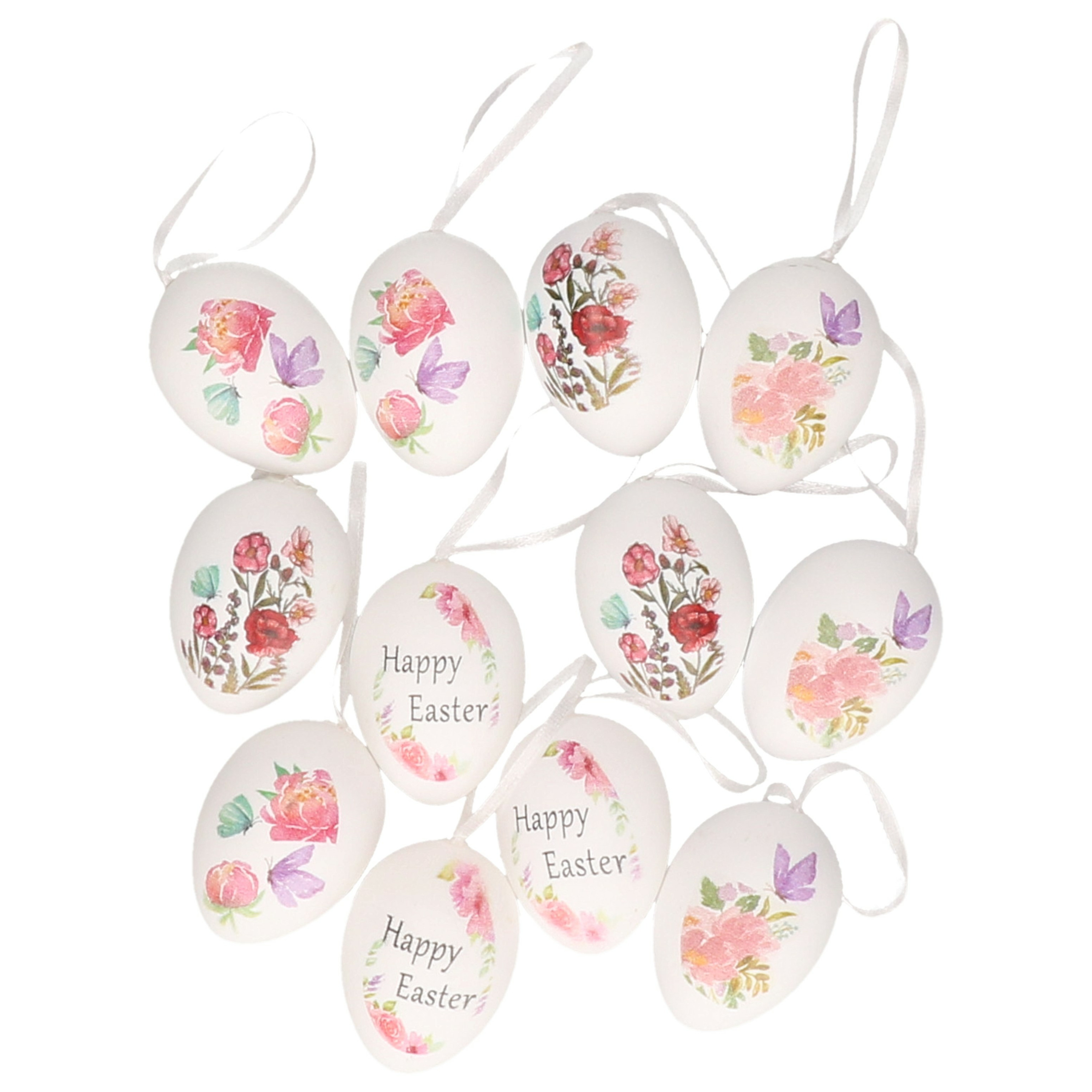 Decoratie paaseieren - 12x - kunststof - wit - 6cm hoog - paasdecoratie met ophanglint -