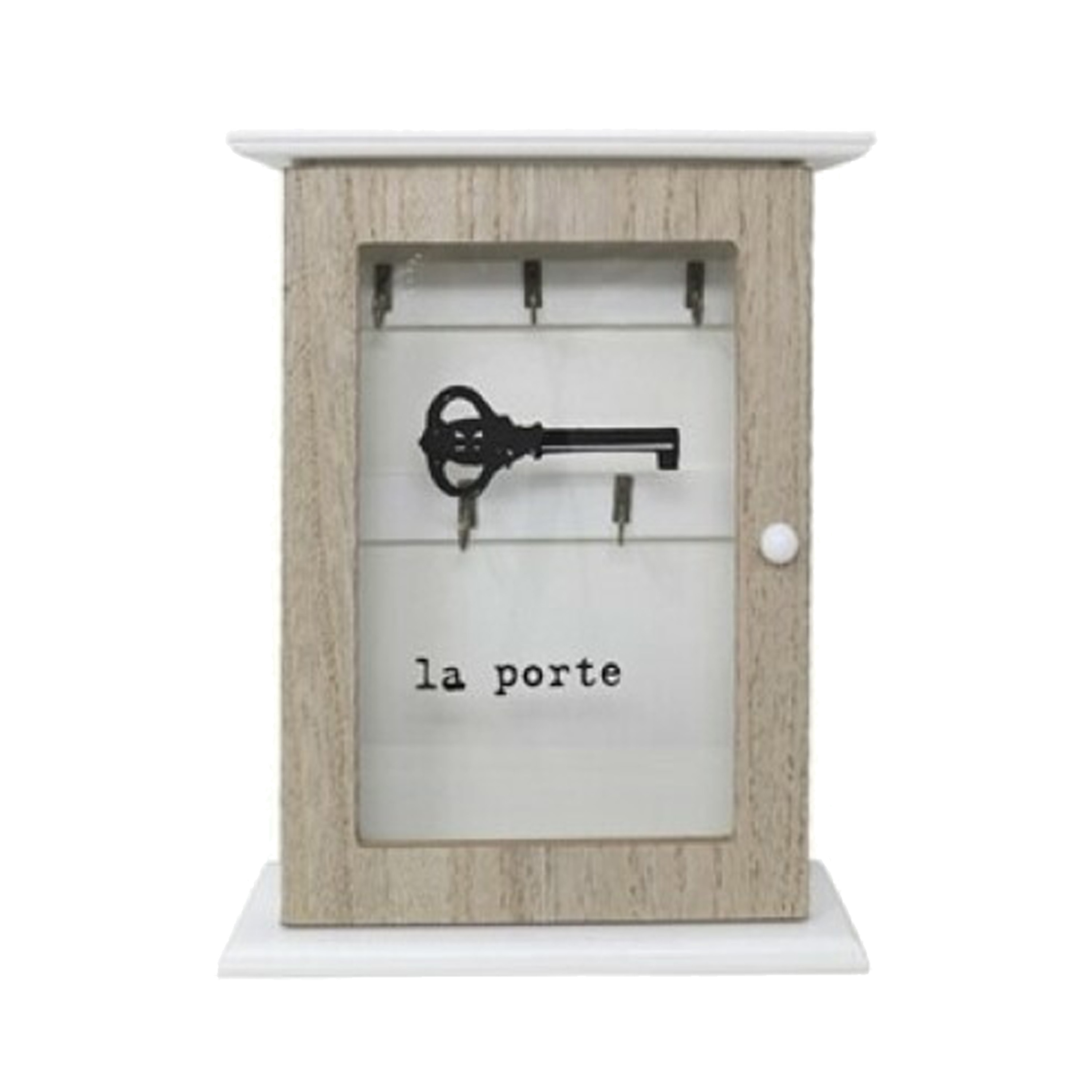 Sleutelkastje hout met 5 haakjes - 20 x 6 x 26cm - transparant deurtje - wit/houtkleur -