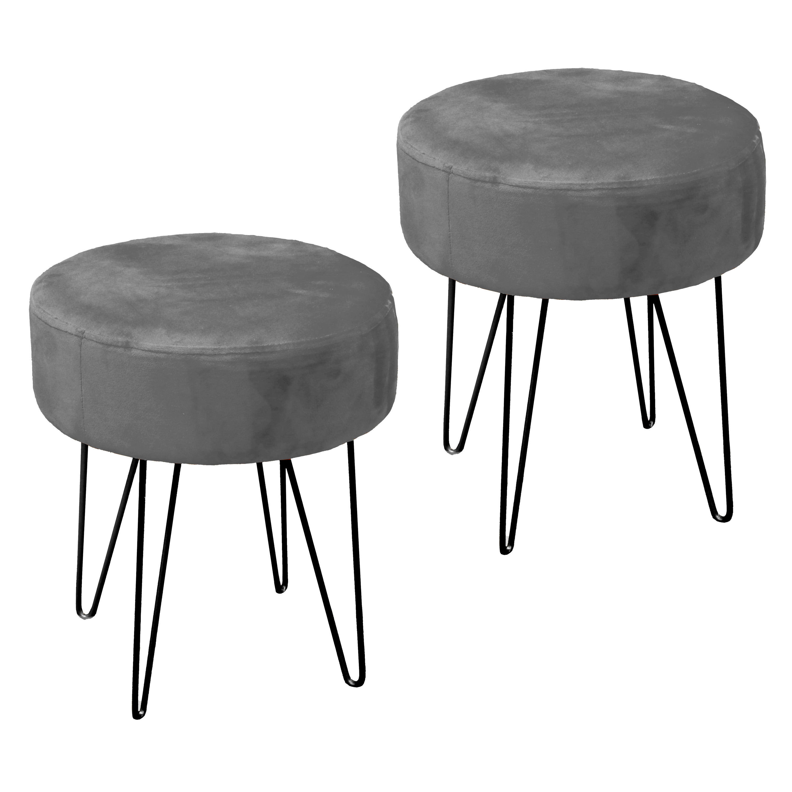 Velvet kruk Davy - 2x - grijs - metaal/stof - D35 x H40 cm - bijzet stoeltjes -