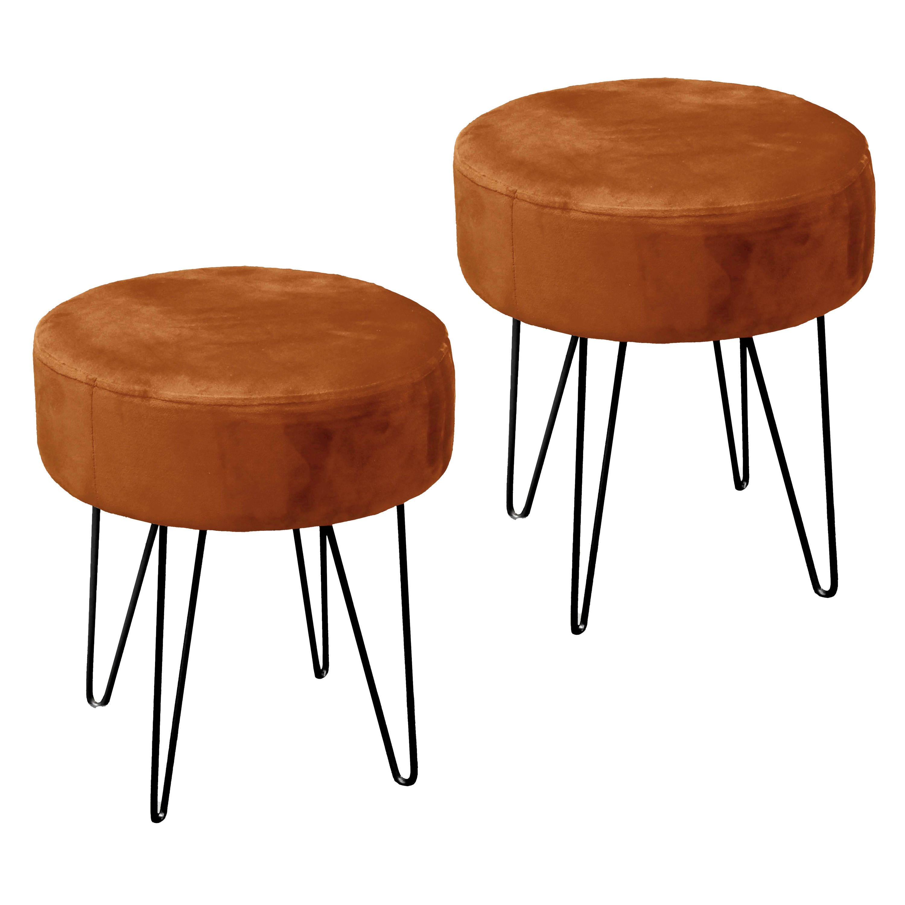 Velvet kruk Davy - 2x - bruin - metaal/stof - D35 x H40 cm - bijzet stoeltjes -