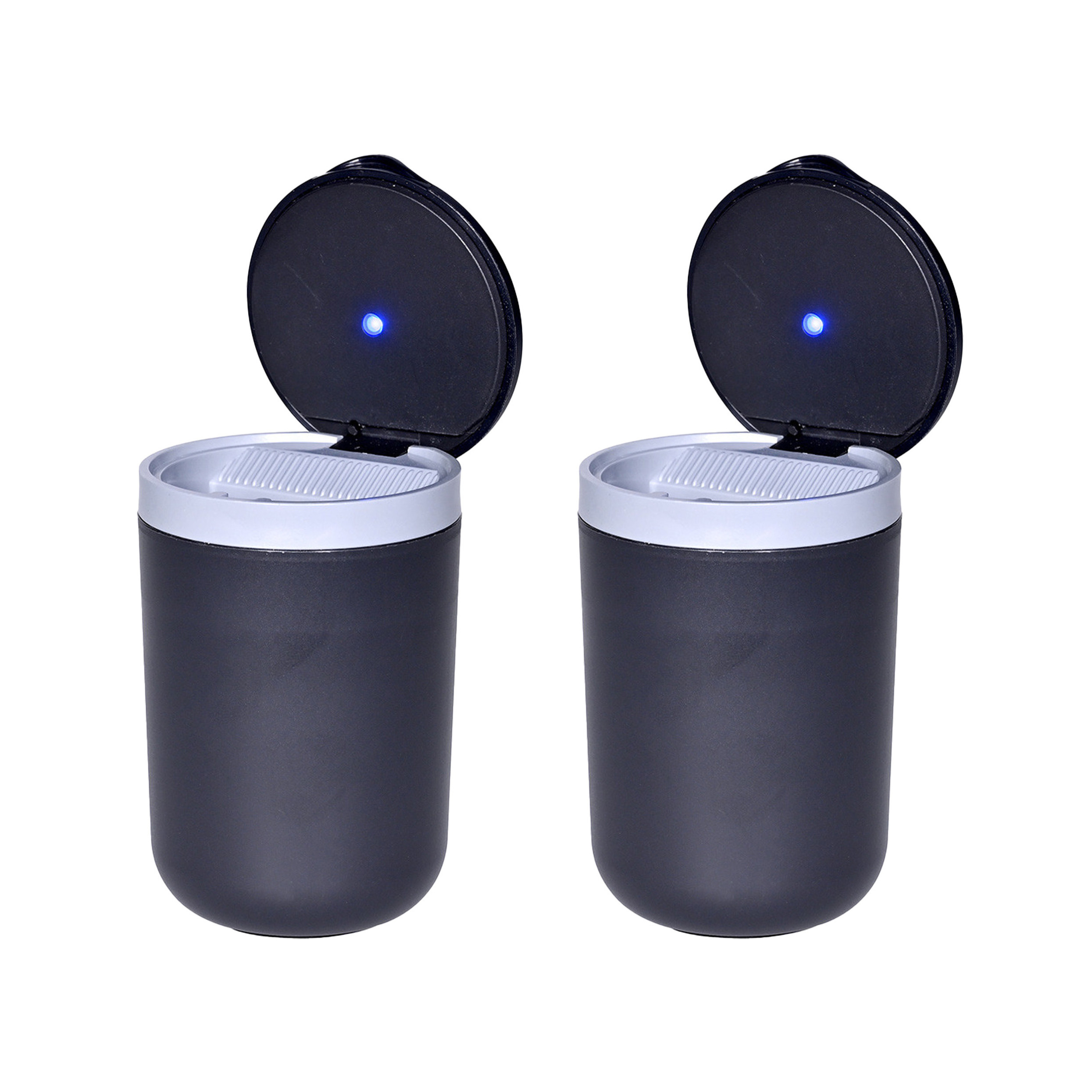 All Ride Auto asbak met led licht - 2x - met deksel - kunststof - zwart - 11 x 7 cm -