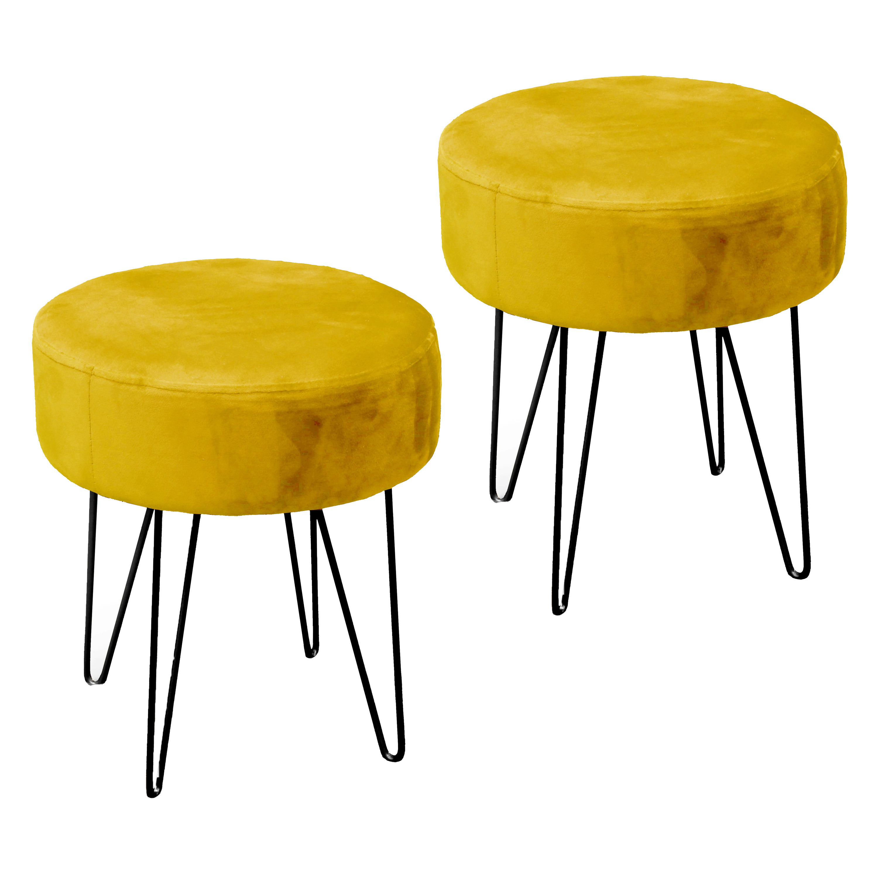 Velvet kruk Davy - 2x - oker geel - metaal/stof - D35 x H40 cm - bijzet stoeltjes -
