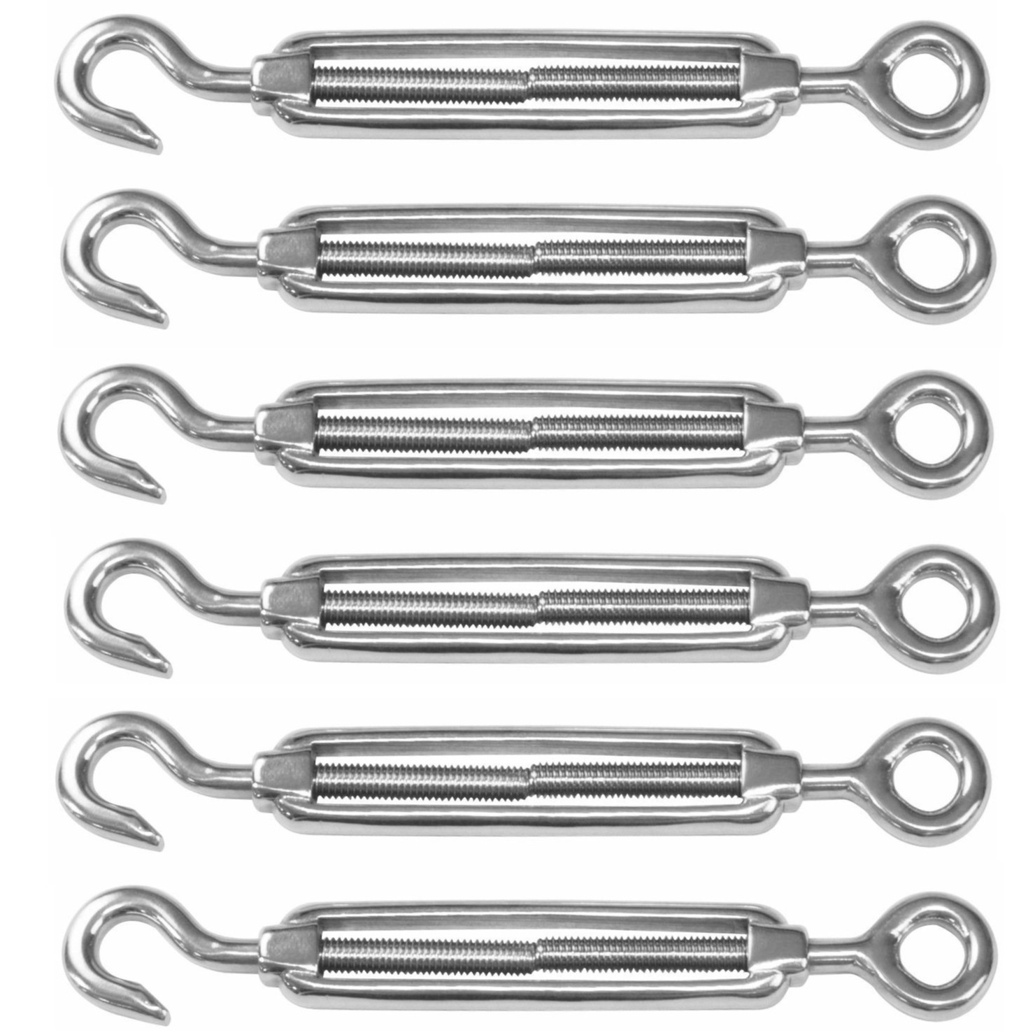 AMIG Spanschroeven/draadspanner met haak/oog - 6x - 12.5cm - 316L RVS - 300kg - M10 schroefdra -