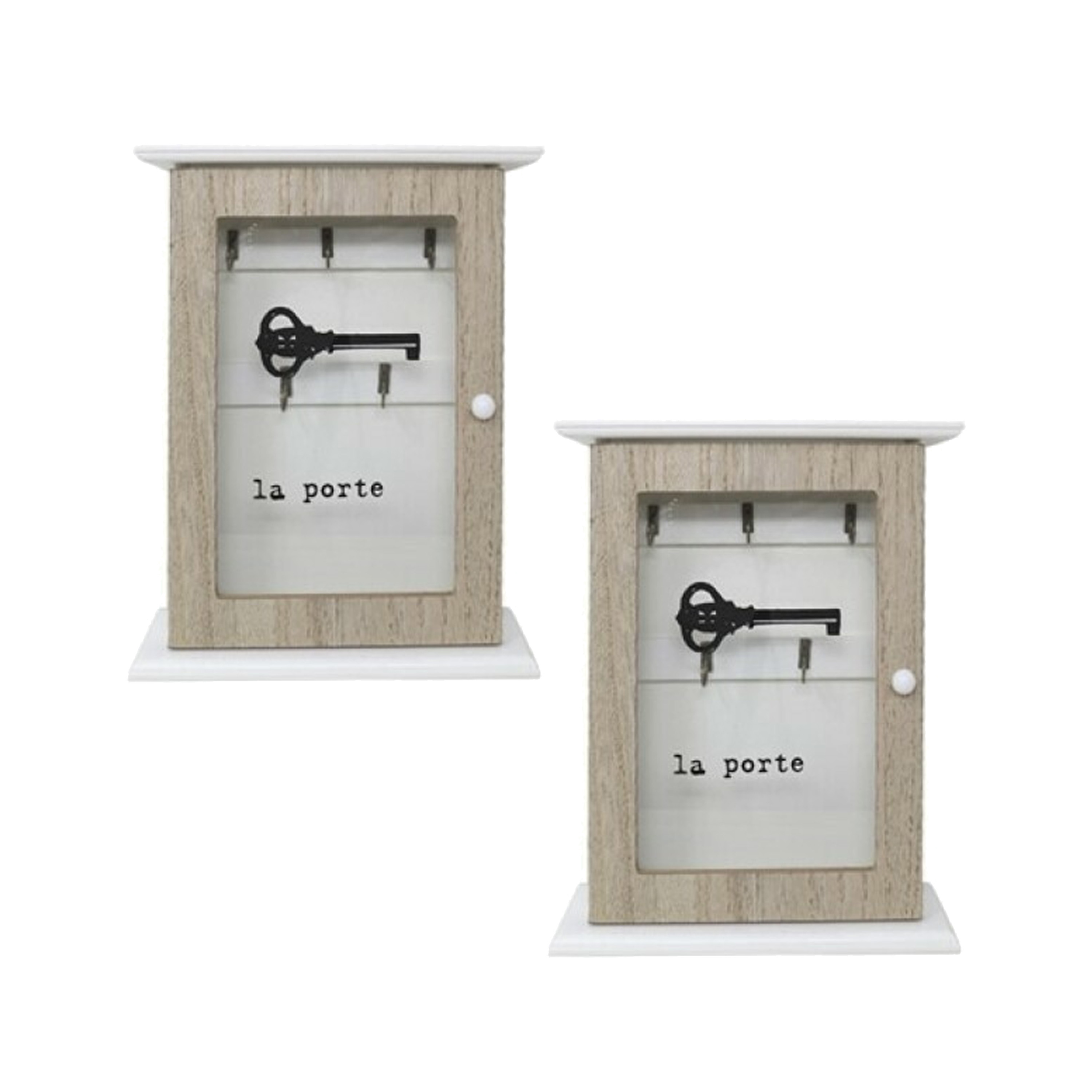 Sleutelkastje hout met 5 haakjes - 2x - 20 x 6 x 26cm - transparant deurtje - wit/houtkleur -