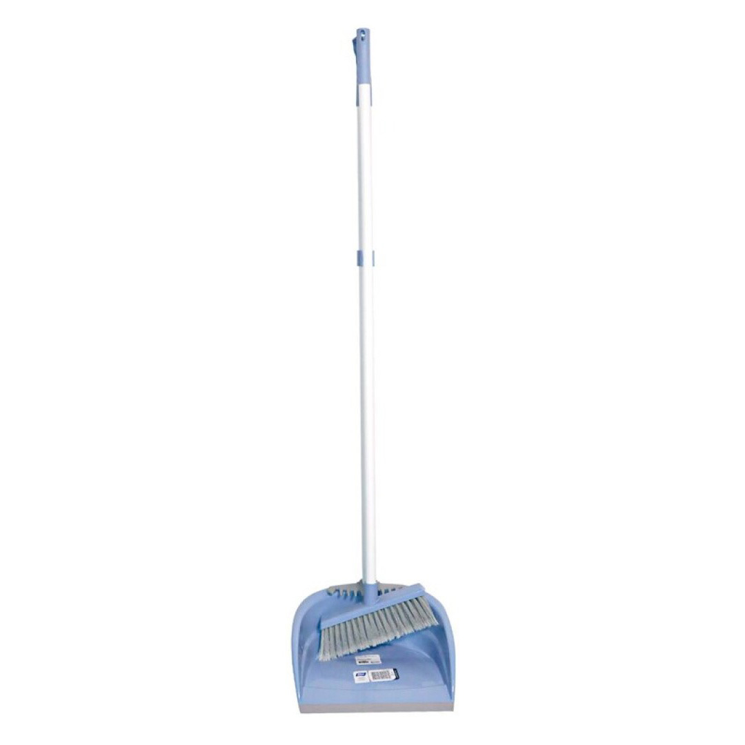 Stoffer en blik met lange steel - 99 cm - kunststof - ijsblauw -