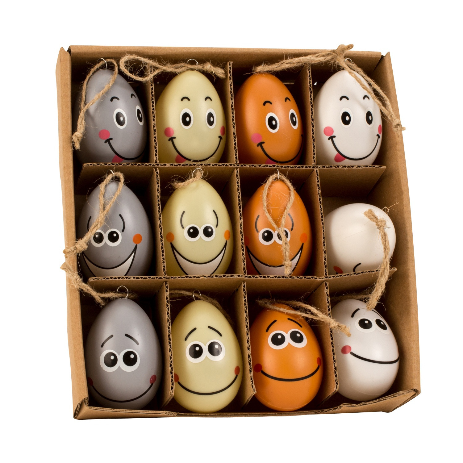 Paaseieren met lachende gezichtjes - 12x - kunststof - 4 x 6 cm - paasdecoratie -
