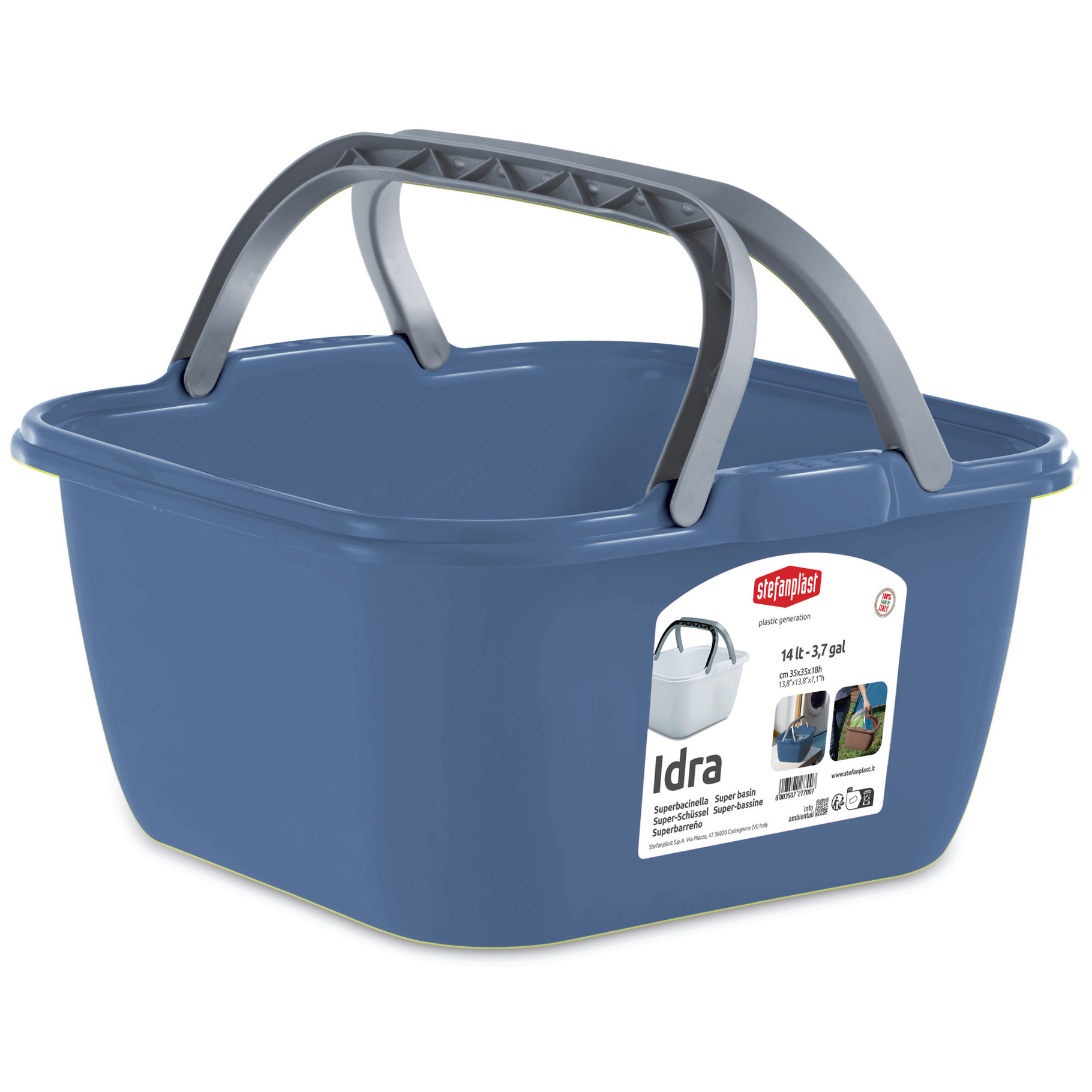 Wasmand/draagmand/teil met hengsel - kunststof - 13 Liter - blauw - 35 x 35 x 18 cm -