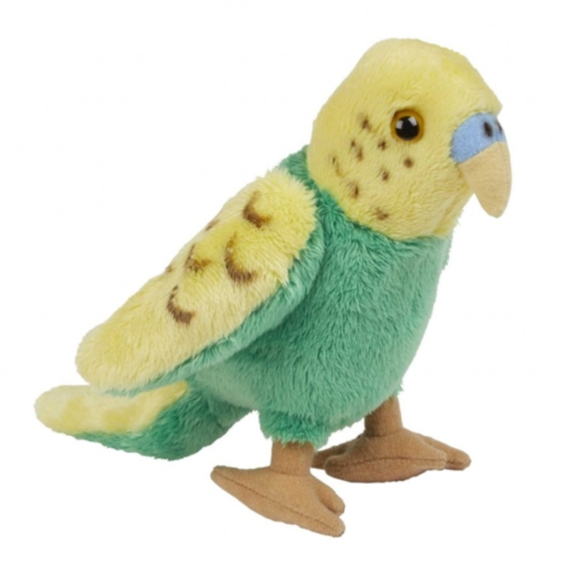 Pluche Grasparkiet knuffel - groen/geel - 15 cm - speelgoed vogel knuffeldieren -