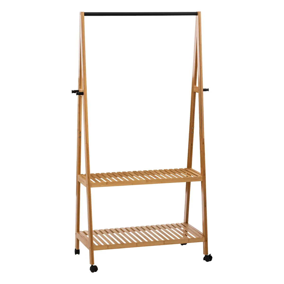 Kledingrek met planken en hangstang - op wielen - bamboe hout - lichtbruin - B80 x D43 x H163 cm -