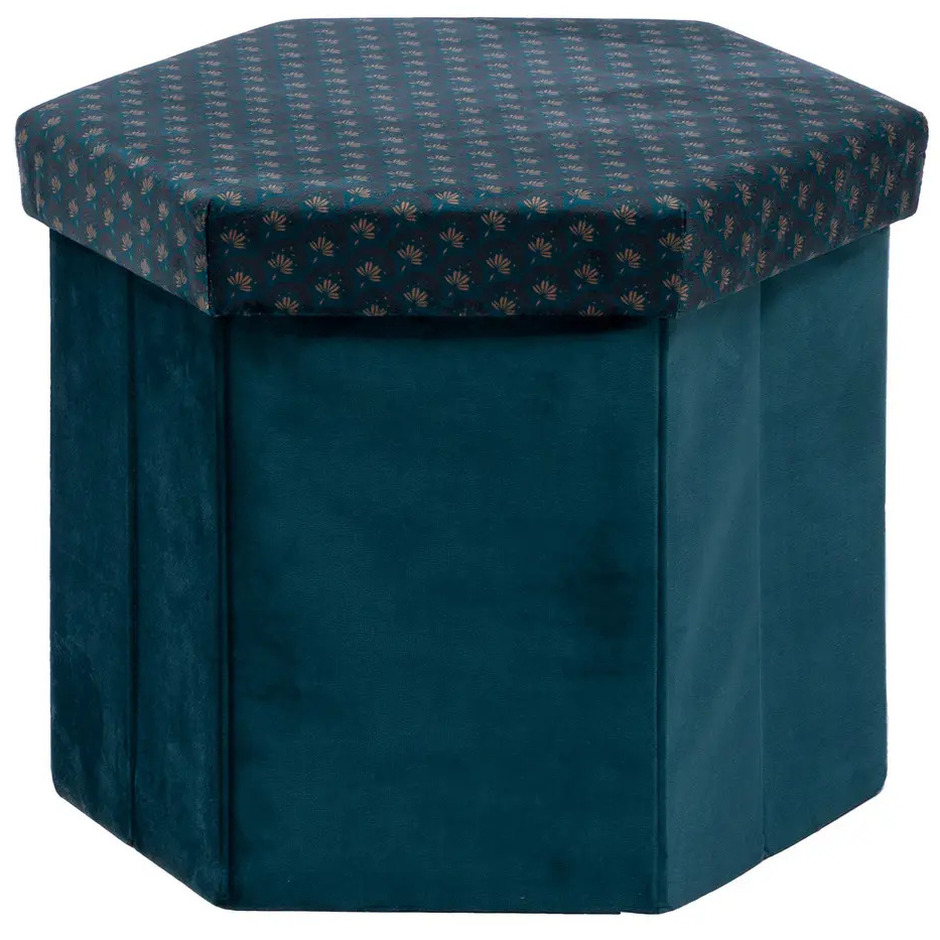 Poef/krukje Jiling zeshoek - Opvouwbaar/opslag box - Saffier blauw - D40 x H38 cm - MDF/polyester -