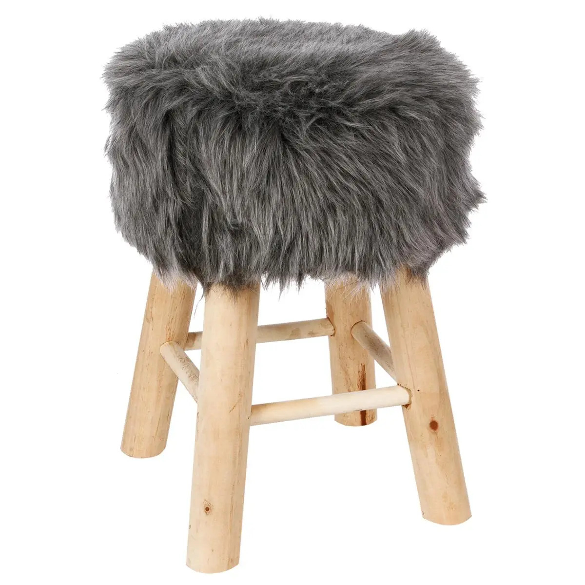 Bijzet krukje/zit krukje Oslo - houten onderstel/fluffy stof - grijs - D30 x H42 cm -